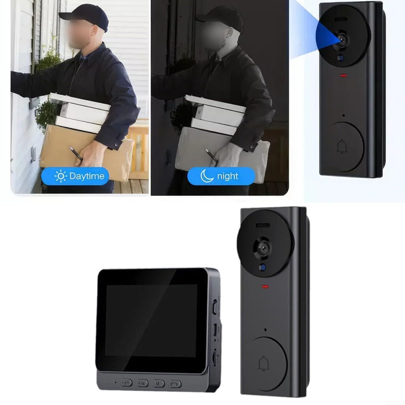 Intercomunicador inalámbrico con video timbre con pantalla de 4.3 pulgadas, conexión 2.4G, audio bidireccional, cámara de visión gran angular de 130°, batería recargable de 1500mAh, monitor interior