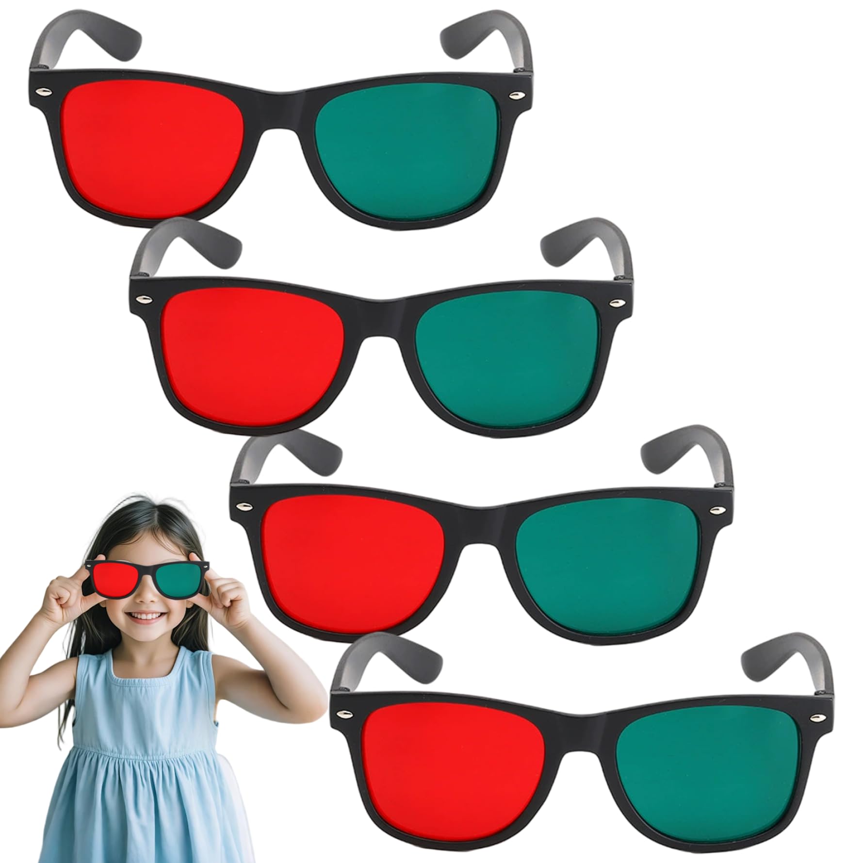 Occhiali 3D da 4 pezzi, occhiali 3D con montatura nera, rosso verde, per giochi TV, film in DVD, anaglifi dimensionali e da allenamento per l'ambliopia