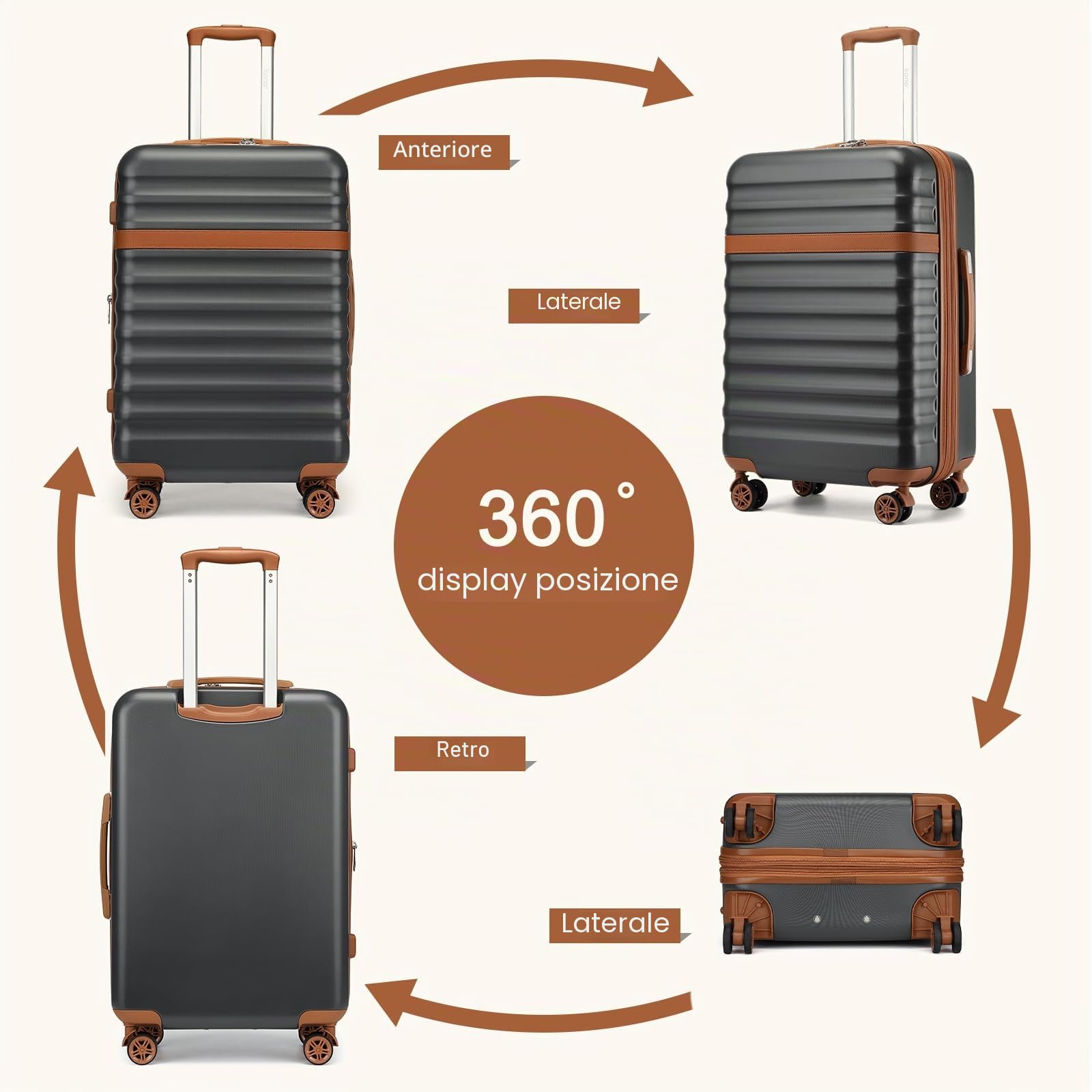 KONO Set di 3 Valigie Bagaglio a Mano, Media e Grande, Grigio/Marrone | Set Rigido ABS+PC, Leggero e Resistente agli Urti, Serratura TSA, Ruote 360°, Interni Organizzati, Media e Grande Espandibili