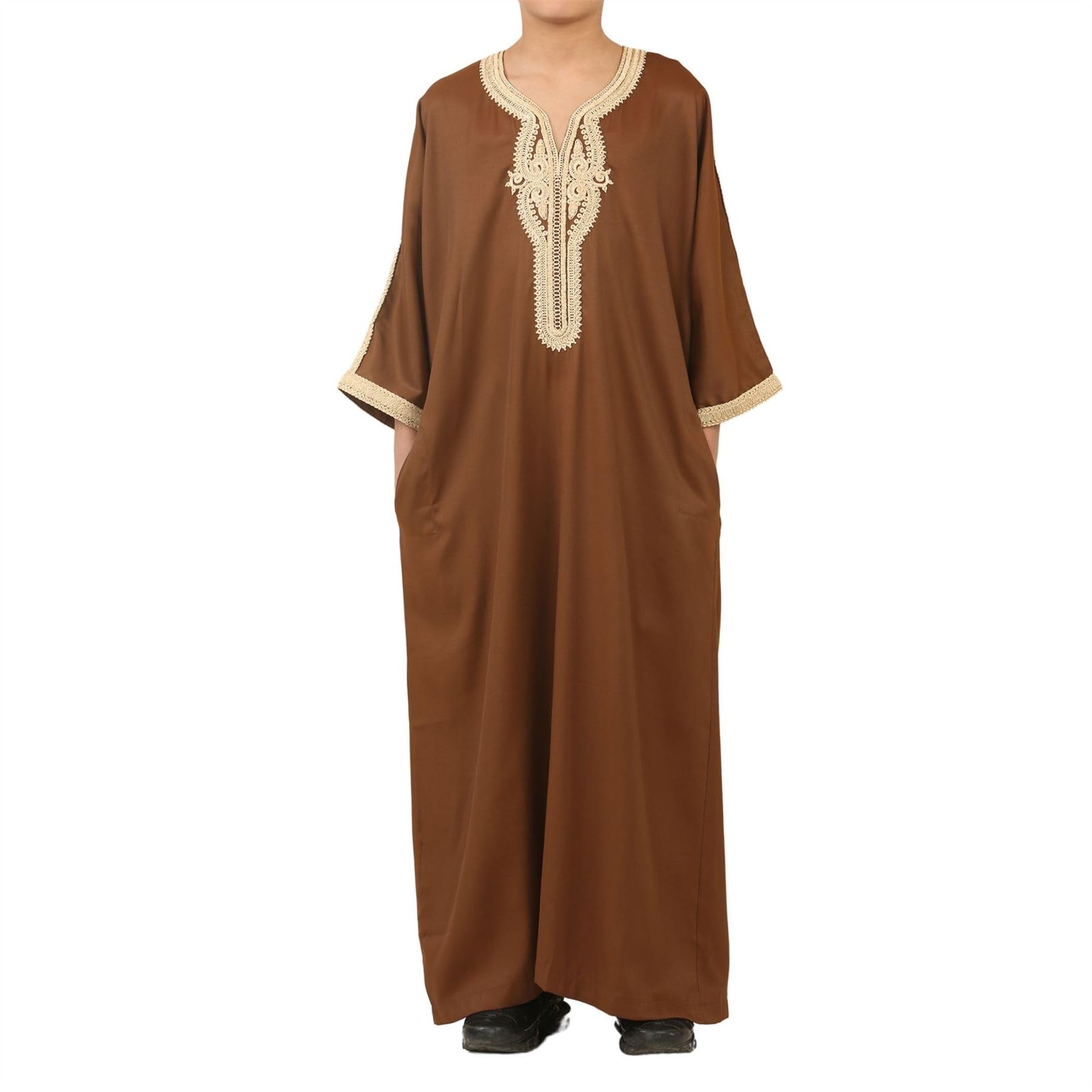 Thobez Boys Brown Gold Moroccan Thobe Short Sleeve Gandoura Embroidery Kaftan - 44