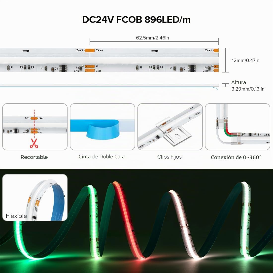 SEZO Cinta LED COB WS2814 RGBW IC FCOB 5M 896LEDs/m Tira luminosa de alta densidad DC24V 10mm RGB+WW(blanco cálido) Cinta luminosa IP30 no impermeable para proyectos de bricolaje