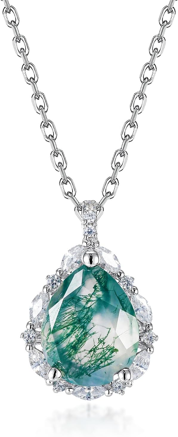 WES Pendant Necklace 14K White Gold Plated Sterling Silver Moss Agate Green Leaf/Teardrop Pendant Necklace Oval Moss Agate Pendant Necklace for Women, Nature Lover,Jewelry Gifts for Wife Girlfriend