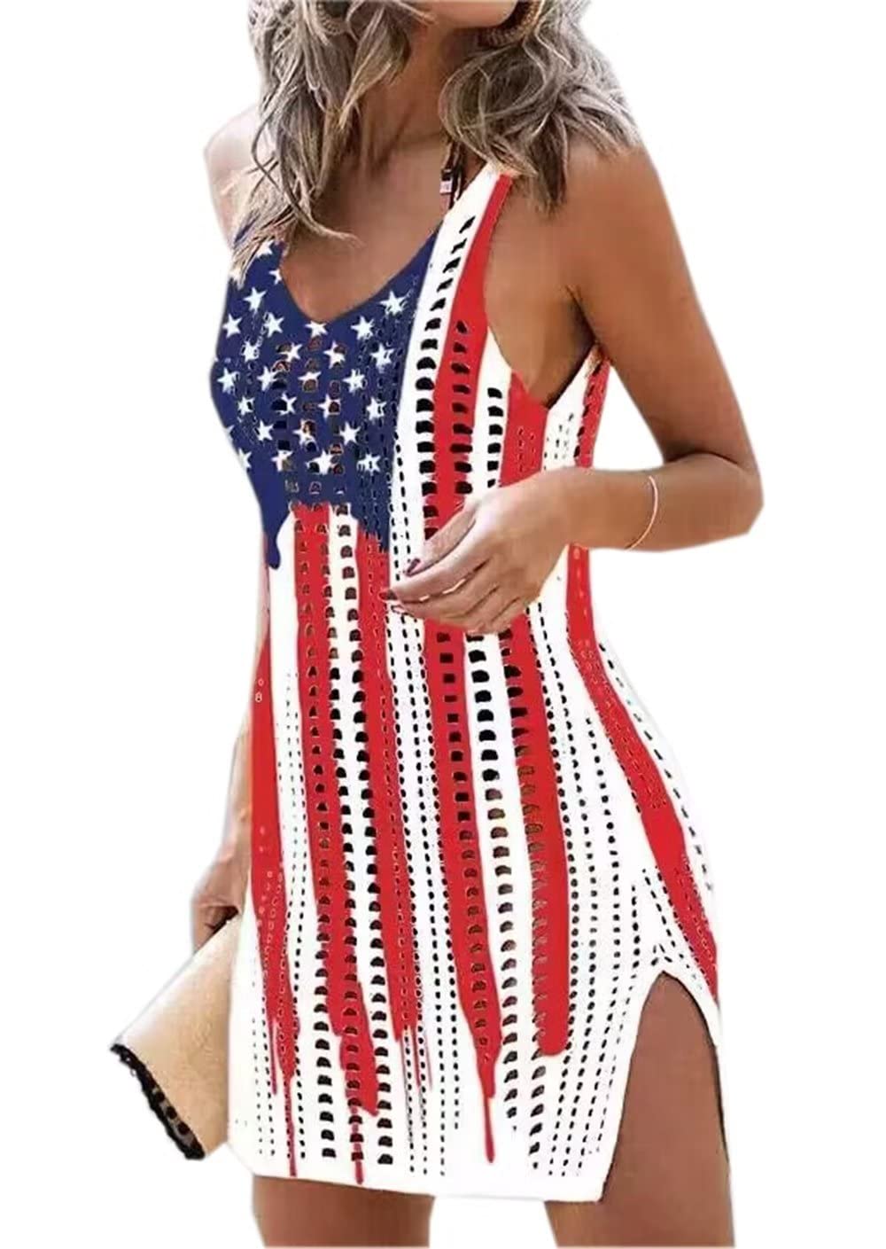 AIMITAGAmerican Flag Dress Womens Hollow Out Slit Crochet Cover Up Sleeveless Tank Dress 4th of July Beach Swimwear Dresses