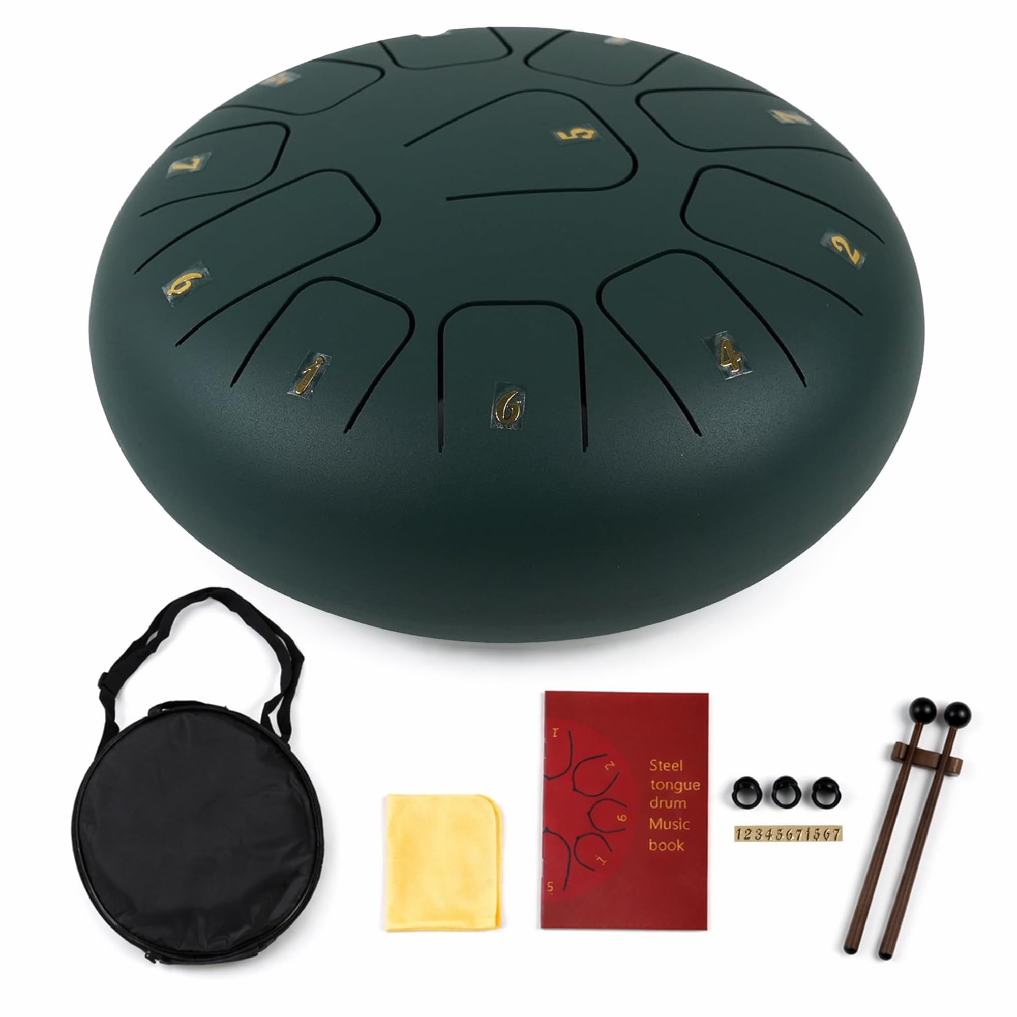 Essenza 11 Notes 8 Inch Matt Green Alloy Steel Tongue Drum - Perfect Percussion Musical Instrument for Kids and Adults - Handpan Drum for Meditation, Yoga - Includes Mallets, Finger Picks & Travel Bag-image-2