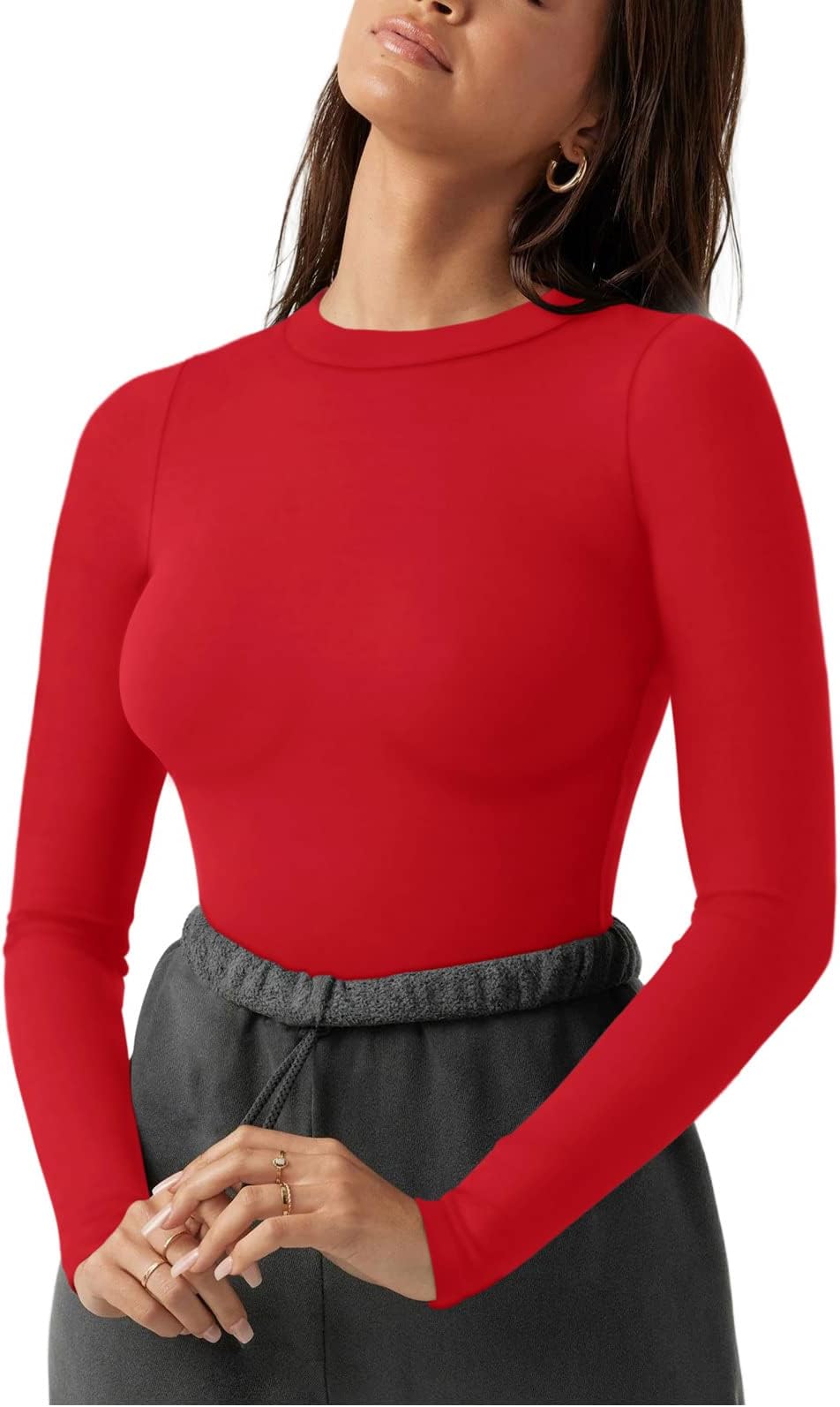 REORIAWomen's Fashion Crew Neck Double lined Long Sleeve T Shirts Bodysuits Tops Jumpsuit