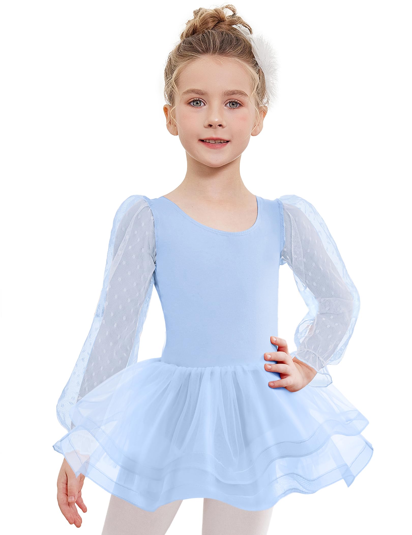 Arshiner Balletkleding voor meisjes, met lange mouwen, kinder balletjurk, balletpak, dansjurk met 3-laags tutu, 2-8 jaar, lichtblauw, 120