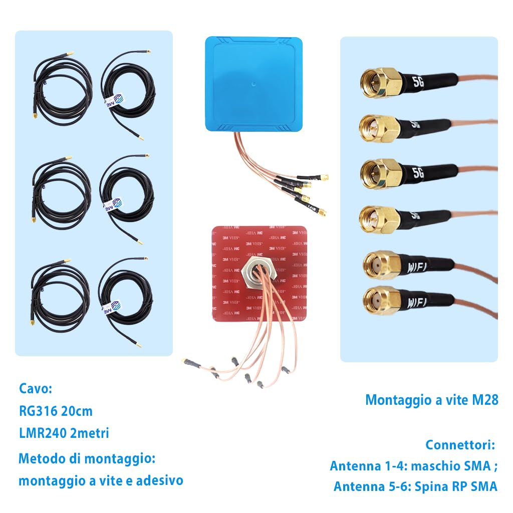 Antenna esterna Maswell 6-in-1 4X4 MIMO 5G + WiFi 7 2X2 MIMO, Basso guadagno 3dBi non adatto a gare di velocità, 700-6000 MH,con WiFi 6E, Bluetooth, WiMAX e Zigbee, SMA & RP-SMA