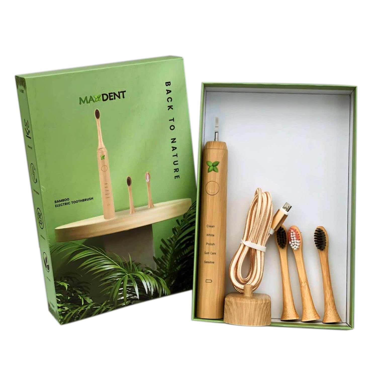 Rechargeable Bamboo Electric Tooth Brush Brush with 3 Replacement Heads and Storage Case Portable Oral Care Durable Electric