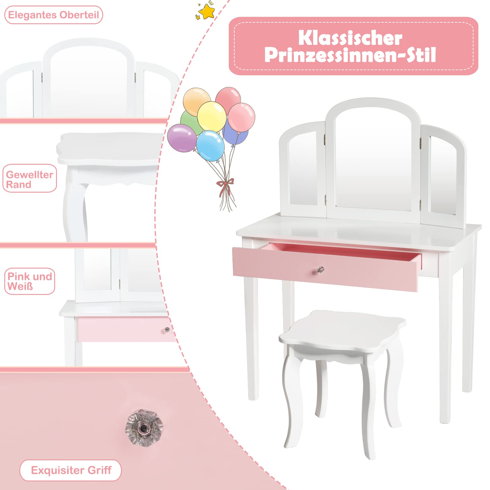GOPLUS 2 in 1 Kinder Schminktisch, Frisiertisch & Stuhl, Kosmetiktisch mit Abnehmbarem 3-Fach-Spiegel & Schublade, Gepolsterter Hocker, aus Holz, im Landhausstil, Kinderschminktisch für Mädchen (Weiß)