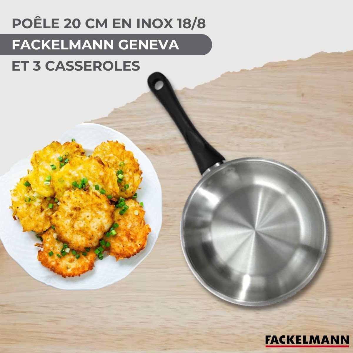 Fackelmann 9446150 Set mit 1 Pfanne 20 cm, 3 Stieltöpfen aus Edelstahl 18/8 und 6 Kochutensilien für alle Herdarten, Induktion, PFAS-frei, Edelstahl 18/8, 12, 16, 20 cm