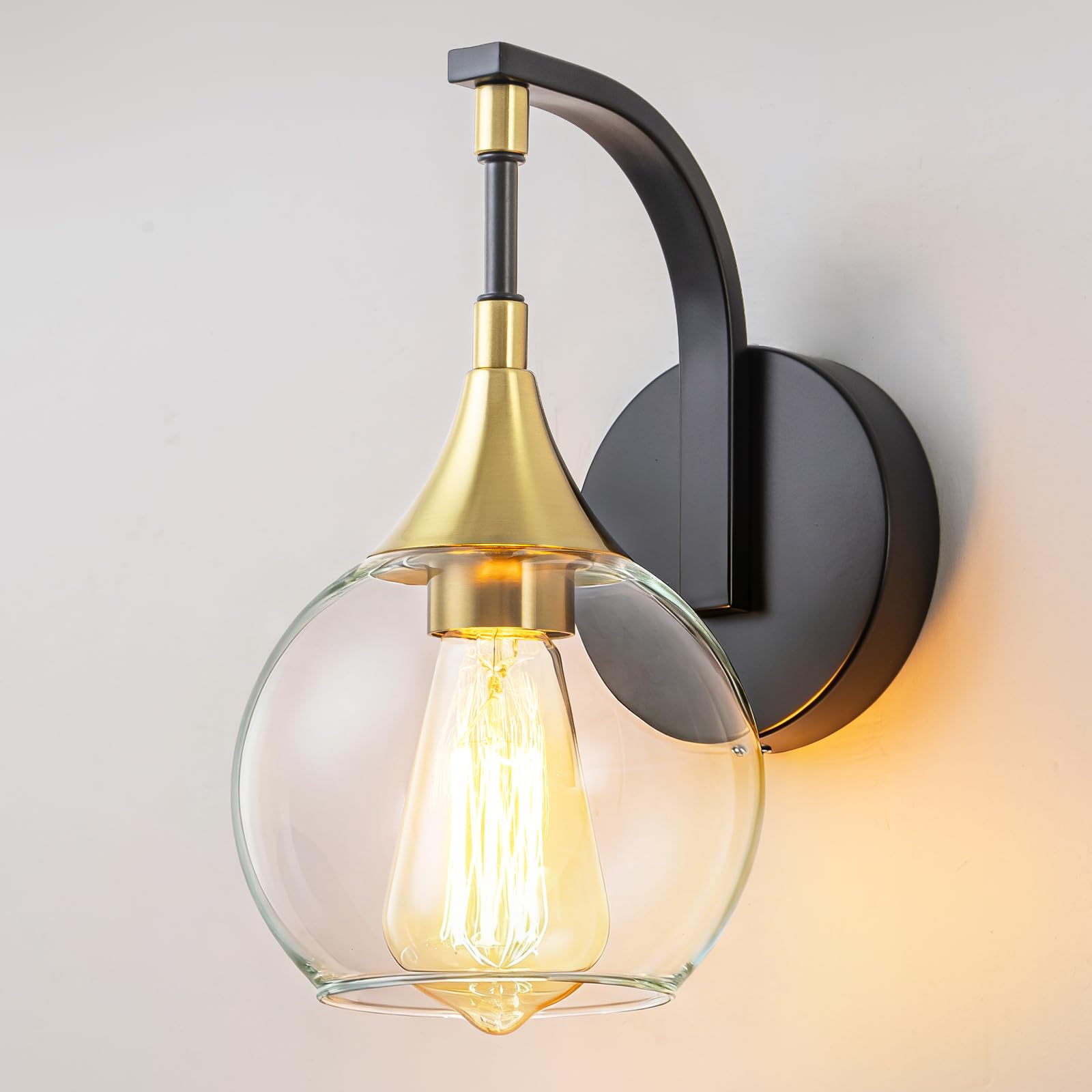 Modern Wall Sconce, Black and Gold Bathroom Vanity Lights with Clear Glass Shade, 1-Light Wall Light Fixture for Bathroom,Living Room, Hallway, Bedroom