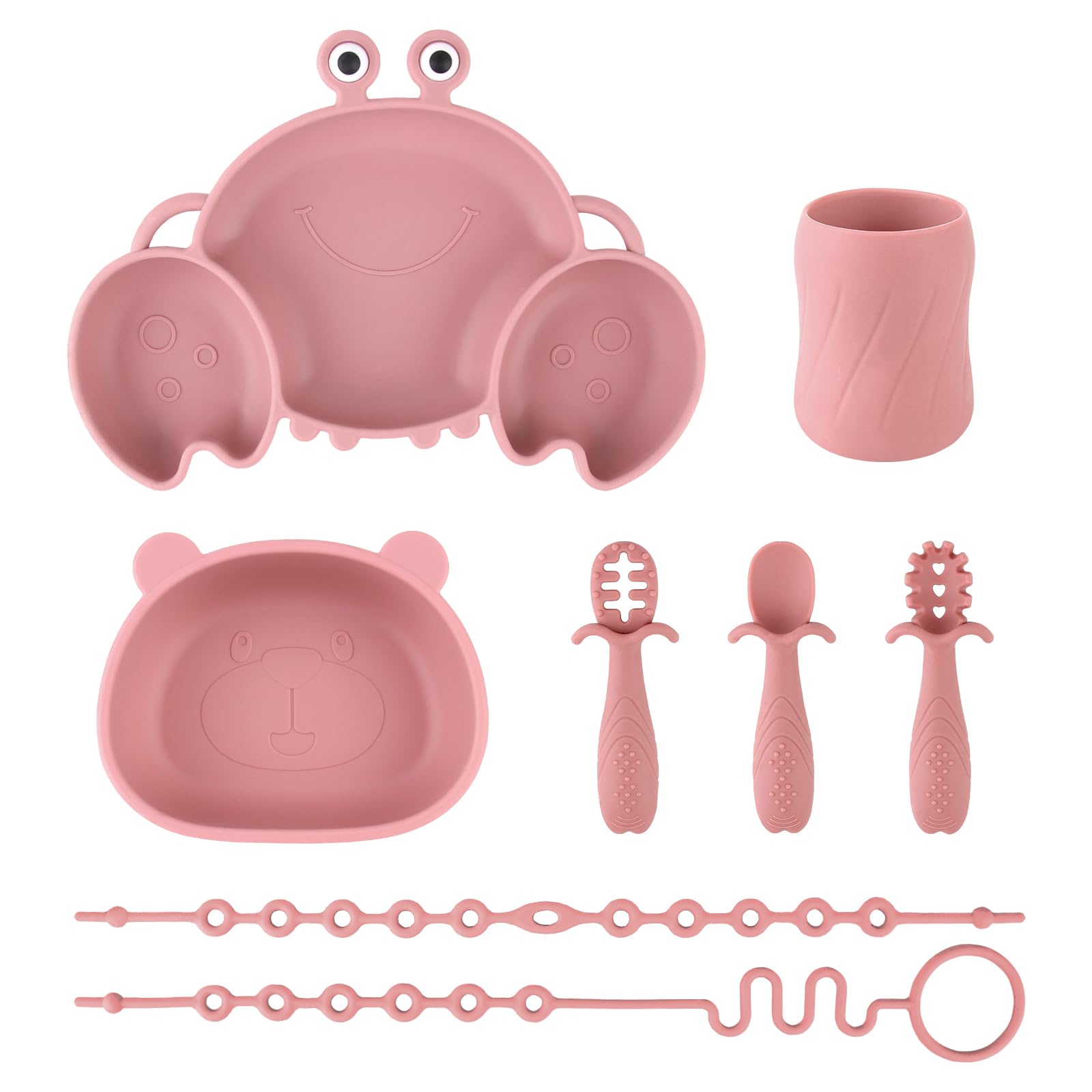 Qshare Baby Weaning Set,Baby Suction Plates,Non Slip Toddler Divided Placemat,BPA Free Suction Plate Baby Bowls Spoons & Bibs for Babies Toddlers Kids (Pink)