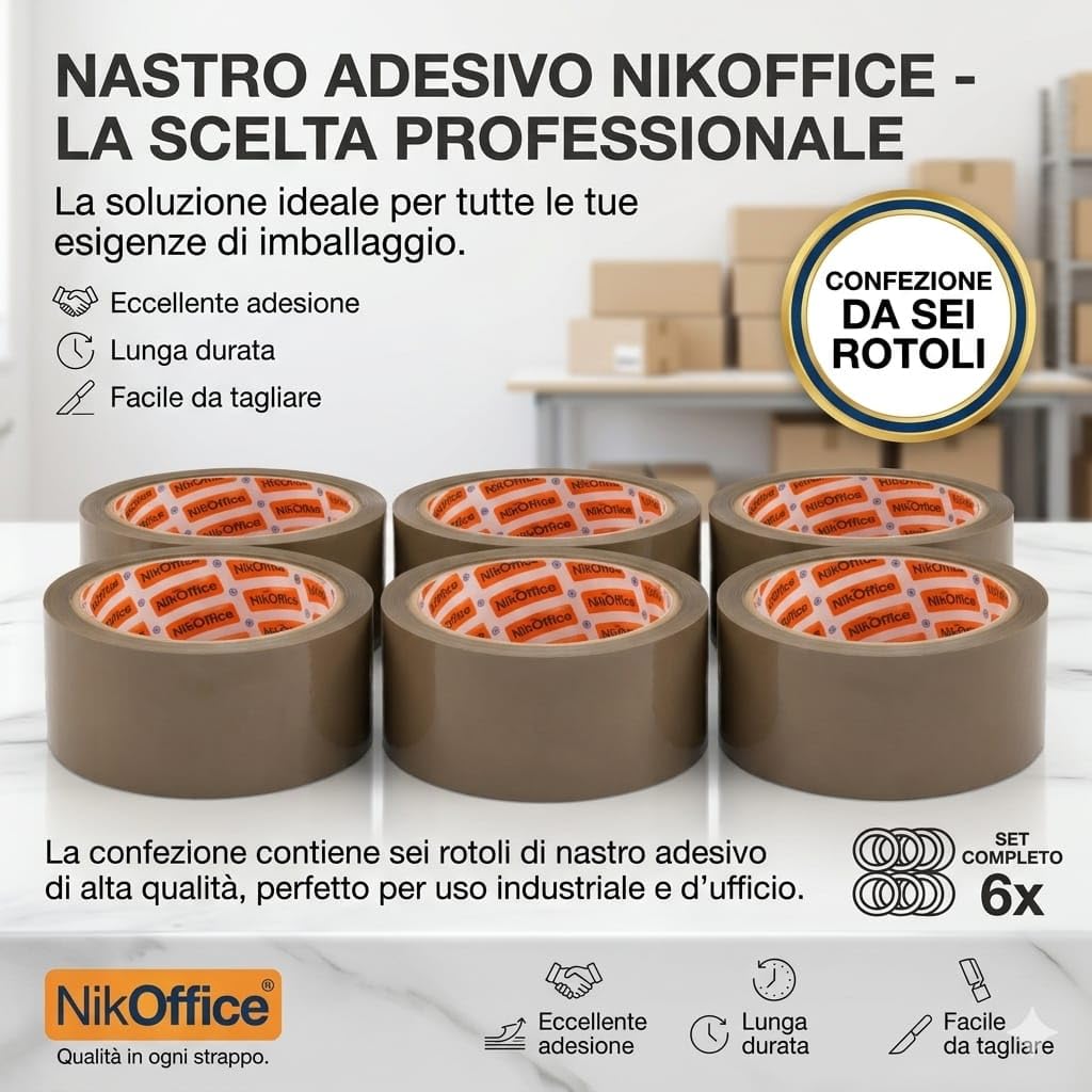 Nastro Adesivo da Imballaggio Marrone 50mm x 66m - 6 Rotoli Resistenti per Pacchi, Spedizioni e Traslochi - Nastro Forte