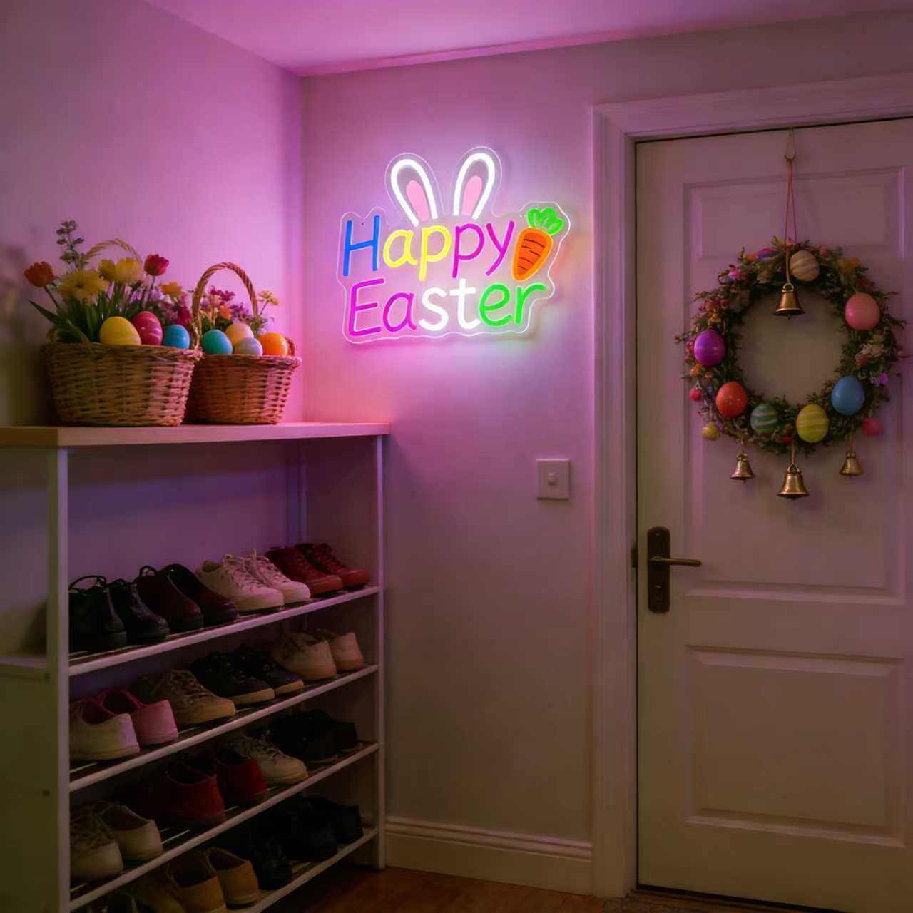 Happy Easter Neon Sign, Easter Bunny LED Neon Light for Wall & Window Decor, USB Powered, Adjustable Brightness, Easter Lights for Party & Home Decoration