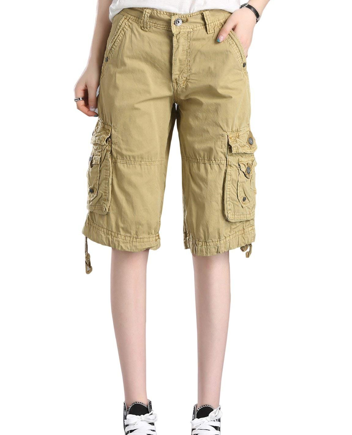 Minetom Mujeres Bermuda Cargo Pantalones Cortos Verano Stretch Suelto Multi-Bolsillo Botón Deporte Shorts hasta la Rodilla Pants