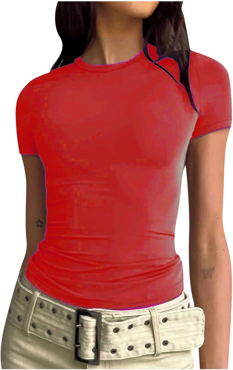 Camisetas Mangas Manga Corta para Mujer Camiseta Color sólido Cuello Redondo Camiseta Deportiva ajustada Verano 2023