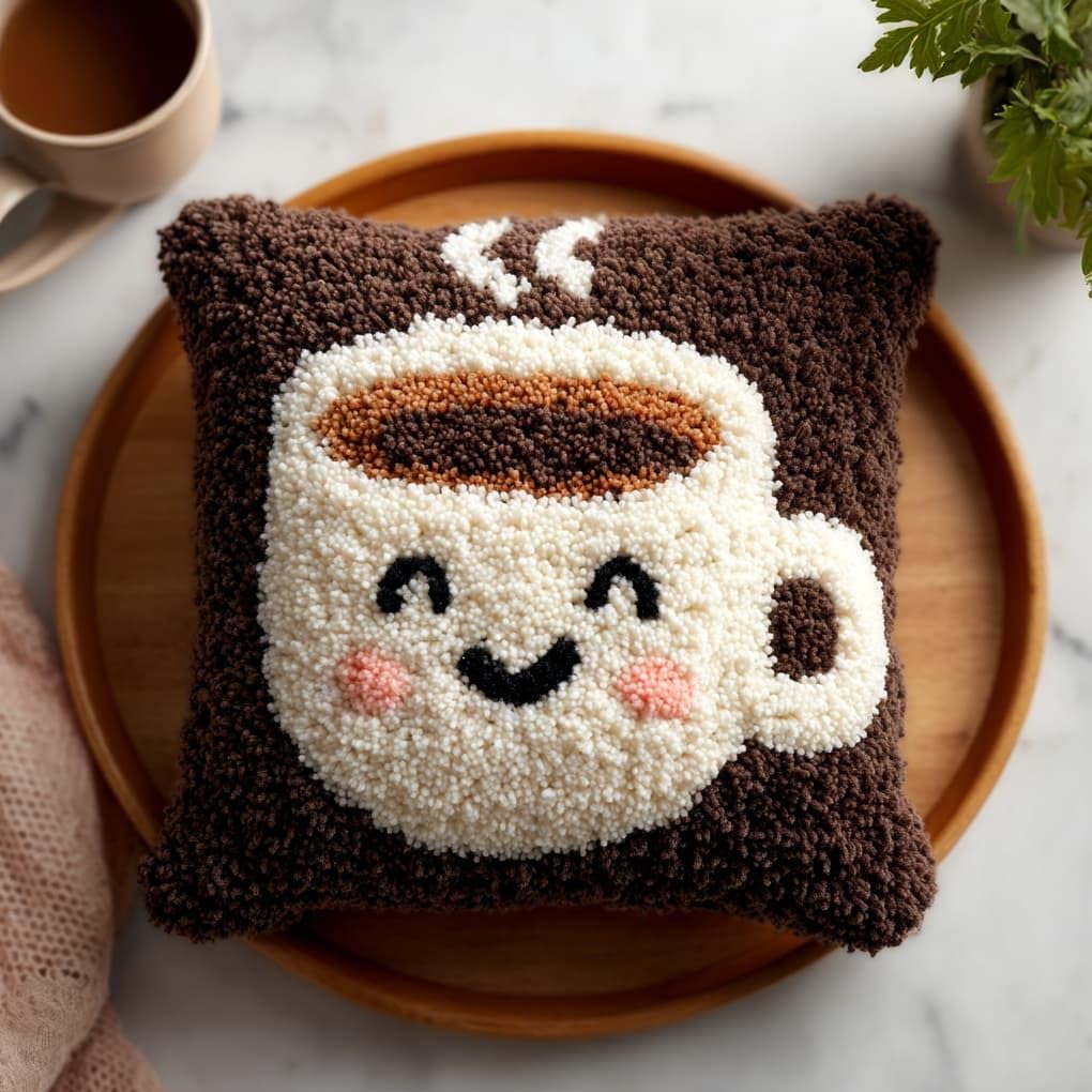 WallustrioaW Latch Hook Pillow Kits 43x43cm,Cartoon Smiley face Coffee Cup