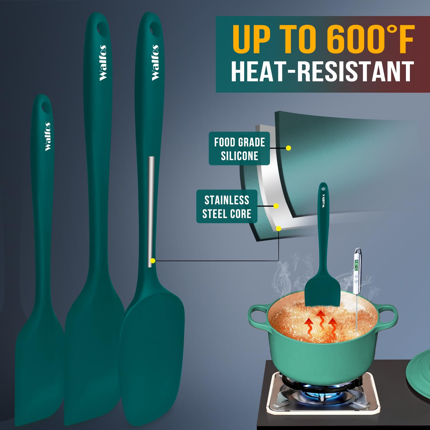 Walfos Silikon-Spachtel-Set, 5 Stück, (315 °C), hitzebeständig, dunkelgrün, Küchenschaber, einteilig, nahtloses Design, perfekt zum Kochen, Mischen und Backen, BPA-frei und spülmaschinenfest