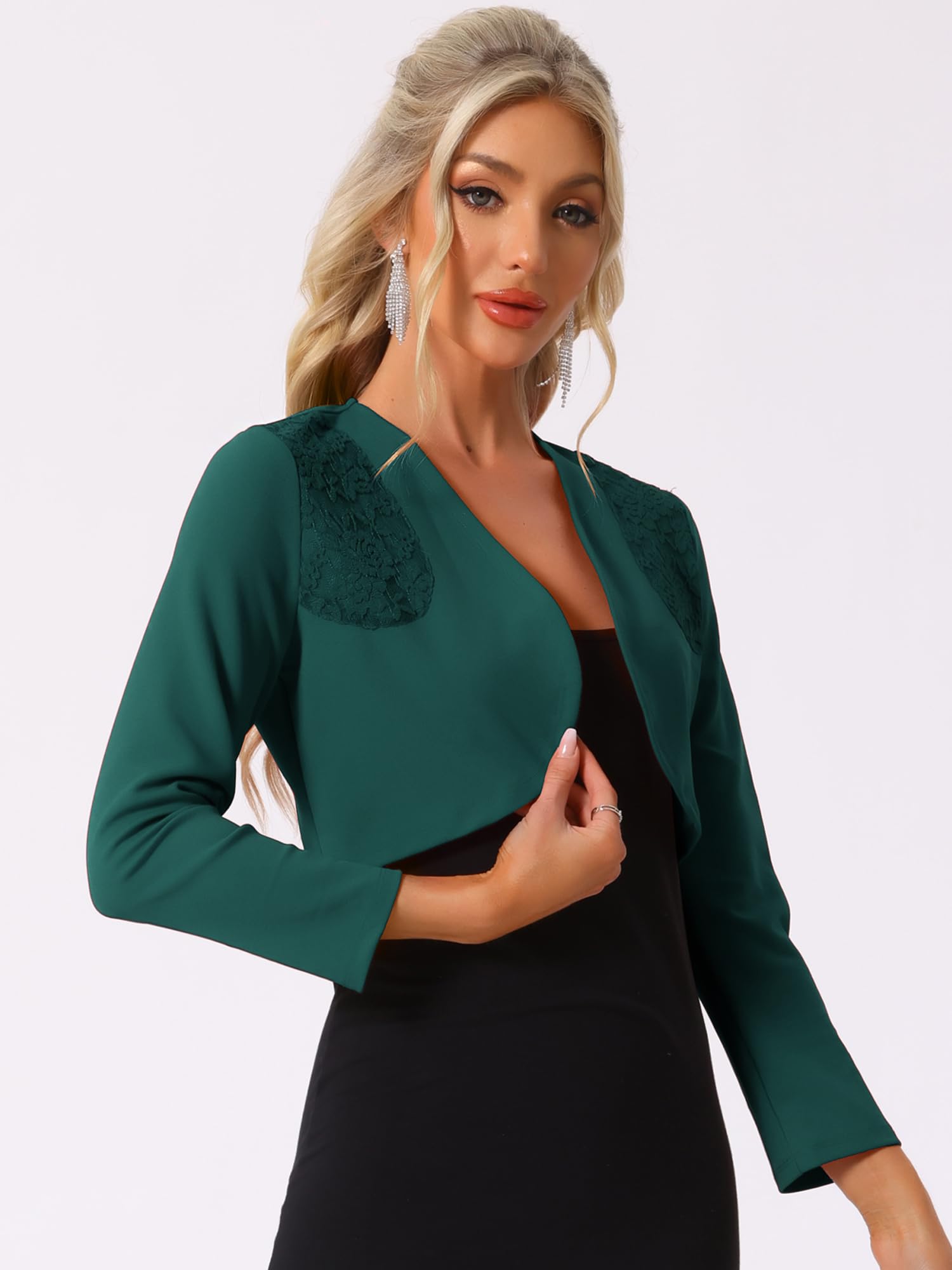 Allegra K Boléro élégant pour femme avec empiècement en dentelle pour le bureau d'affaires ouvert sur le devant, vert foncé, Taille M
