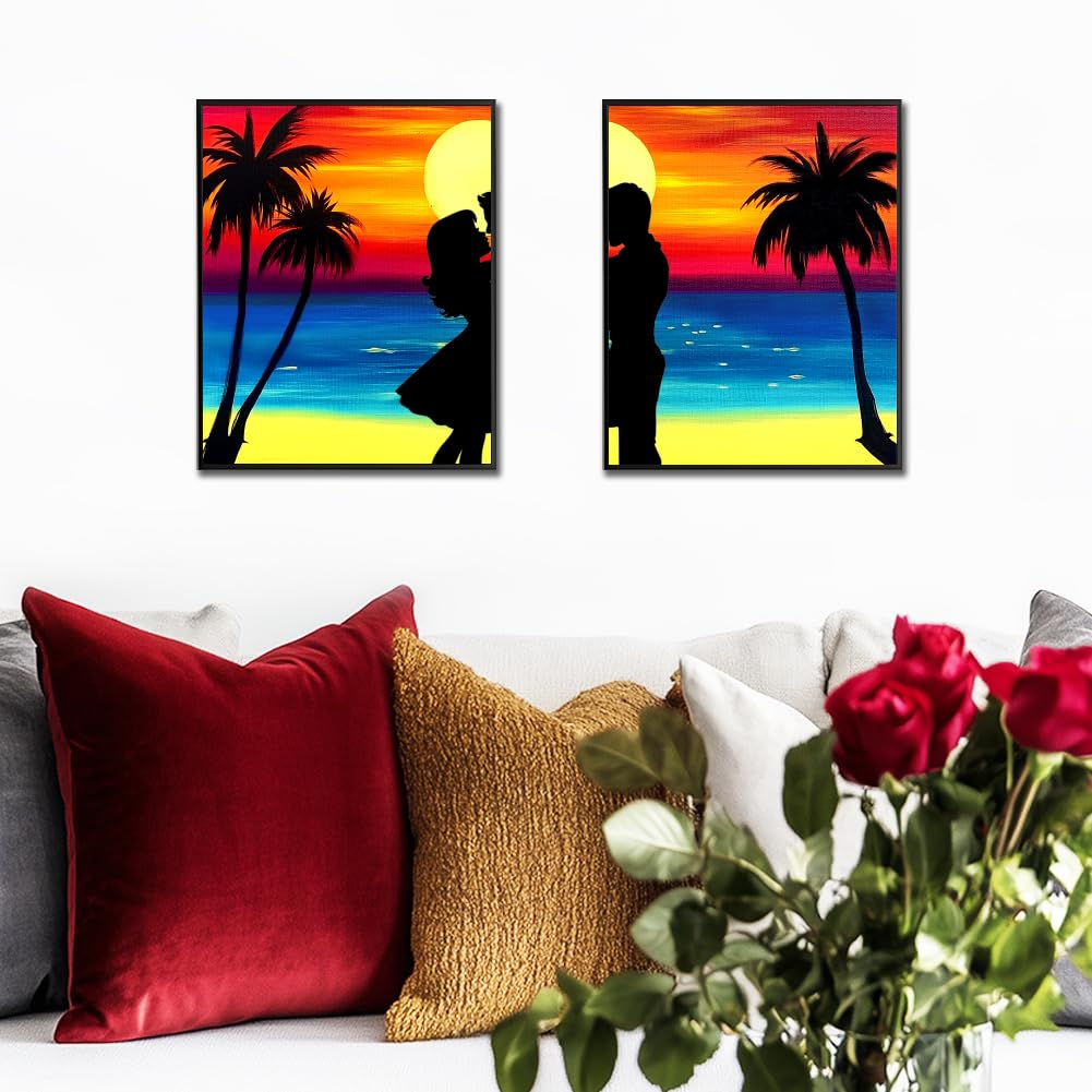 WEBEEDY 2 Packt Malen nach Zahlen Set Für Den Paar Date Abend 20x25cm Sonnenuntergang Vorzeichnung Strand Leinwand Für Malpartybedarf Geburtstag Jubiläen Hochzeitsgeschenk DIY Wanddekoration
