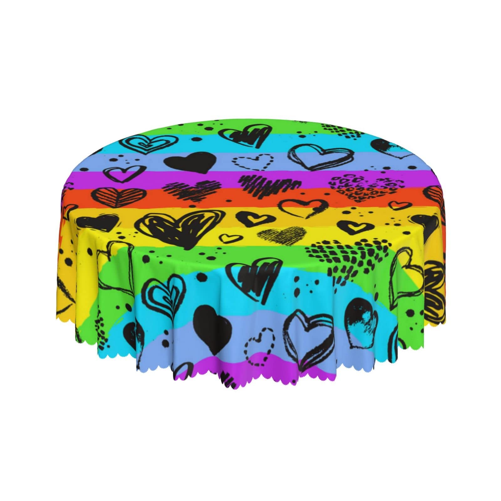 Lsjuee Rainbow Stripes Love Round Tablecloth 60 Inch Printed Washable Tablecloth for Dining Party Holiday Fall Home Decorative