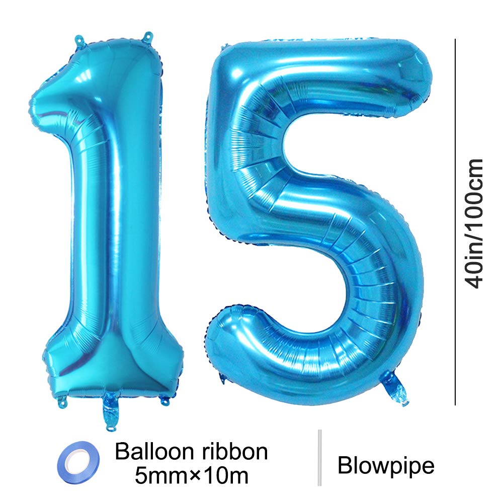 2pcs 40 Inch Number Balloon Foil Balloon Number 15 Jumbo Giant Balloon Prom Balloon Mylar Huge Number Balloon for Birthday Party Decoration Wedding Anniversary, XXXL Blue 15 Number Balloon