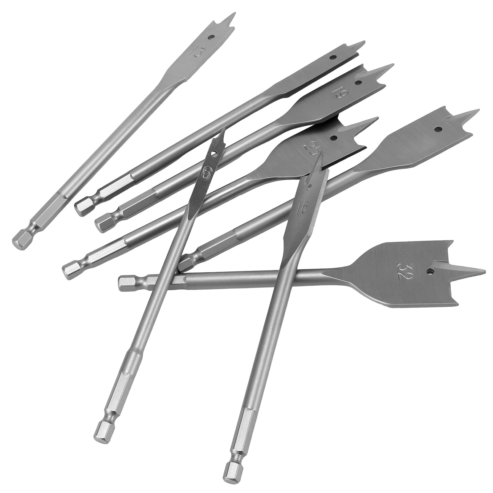Juego de 8 brocas fresadoras planas, 150 mm para madera con vástago hexagonal de 1/4 pulgadas, diámetro de 6-32 mm, broca de pala para trabajar la madera, acero al carbono de alta resistencia