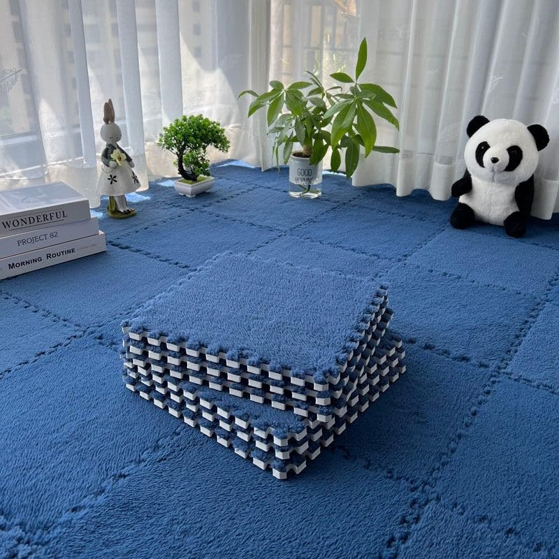 HEIBTENY 10 Pack Splicing Plush Foam Floor Mats, For Easy to Interlocking Carpet Tiles for Any Space, Soft Flannel and Foam Flooring with For Edge Binding, 30x30cm(Sea blue)