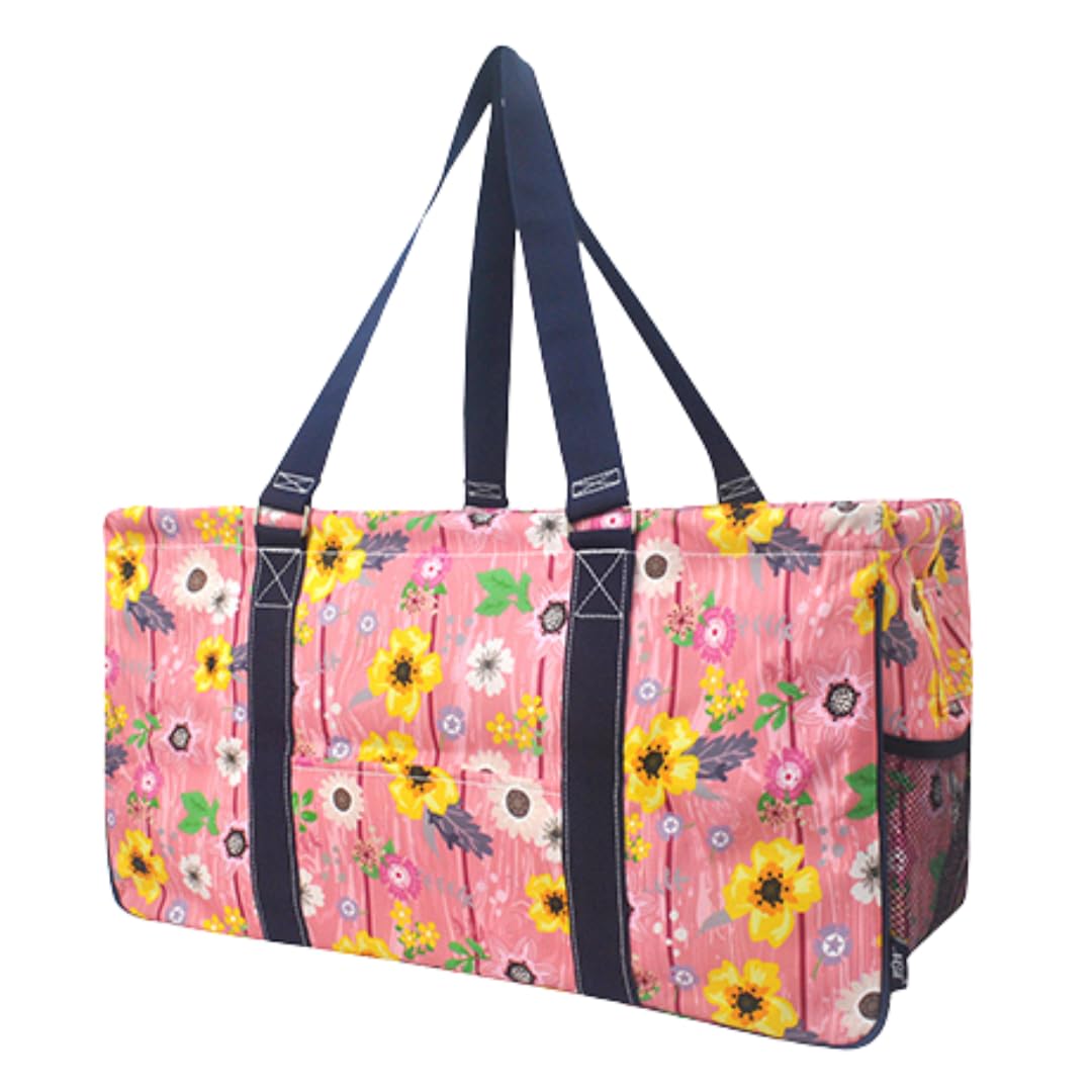 NGIL Extra Large Utility Tote Reusable Grocery Bag Oversized Collapsible for Groceries, Storage, Picnic, Beach (Country Flowers-Navy)