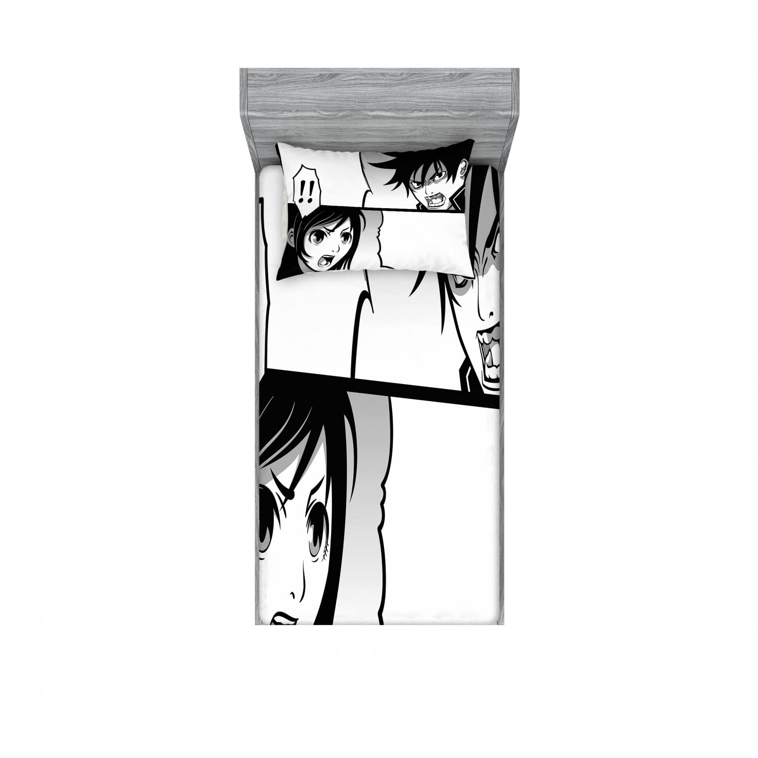 Ambesonne Anime 2 Pack Fitted Sheet & Pillow Sham Set, Japanese Cartoon Comic, 4 Pcs Bedding Decor, Package Contains 2 Twin Size Fitted Sheets & 2 Pillow Covers, White Black