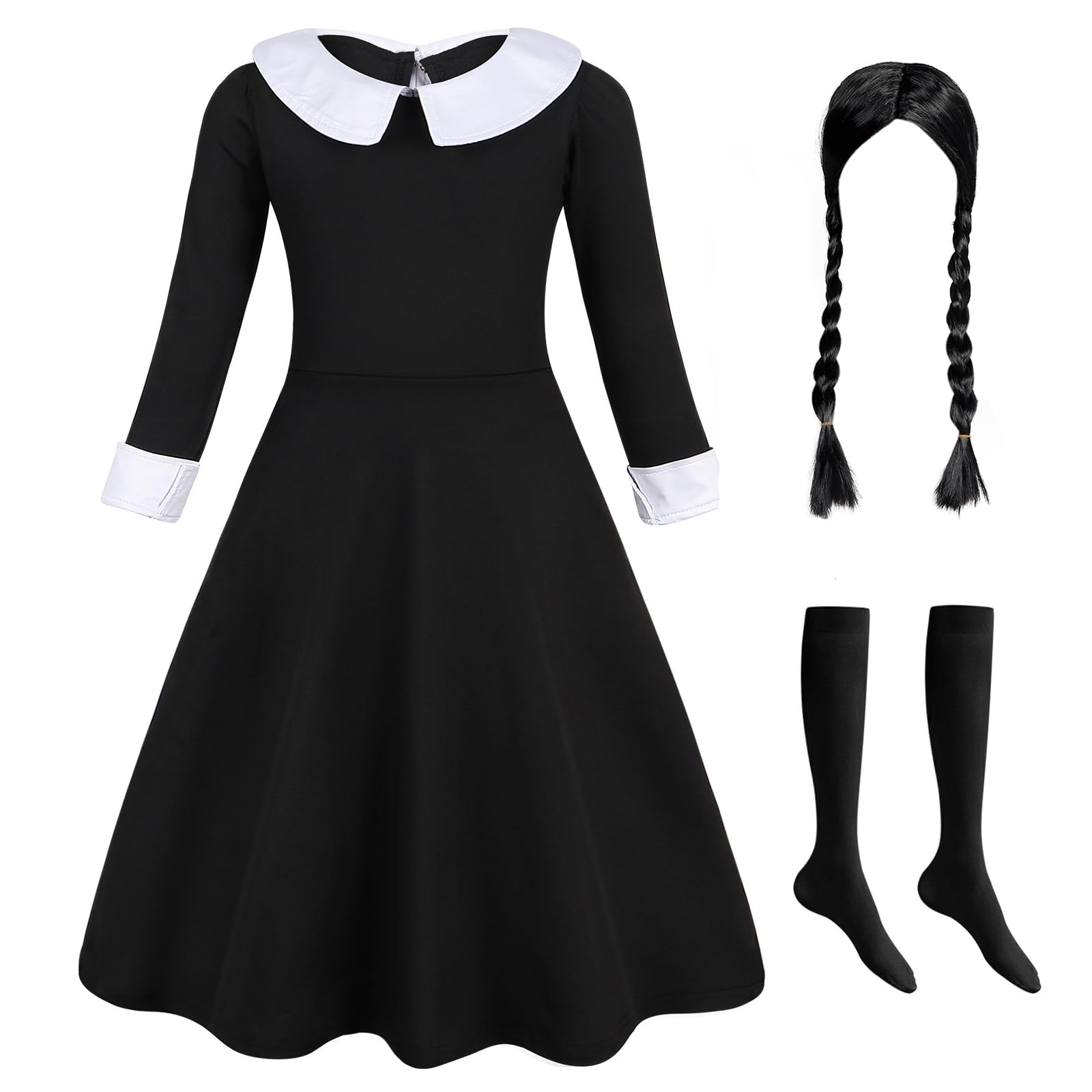 Berich Black Costume Dress for Girls Family Clothing Gothic School Fancy Dress with Wig World Book Day Princess Role Play Outfit Black Halloween Costumes for Kids 5-6 Years, Size 130