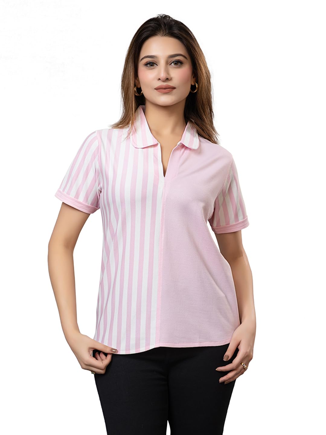 arish Women's Pink and White Striped Polo T-Shirt, Short Sleeve, Collared Neck-picture-49
