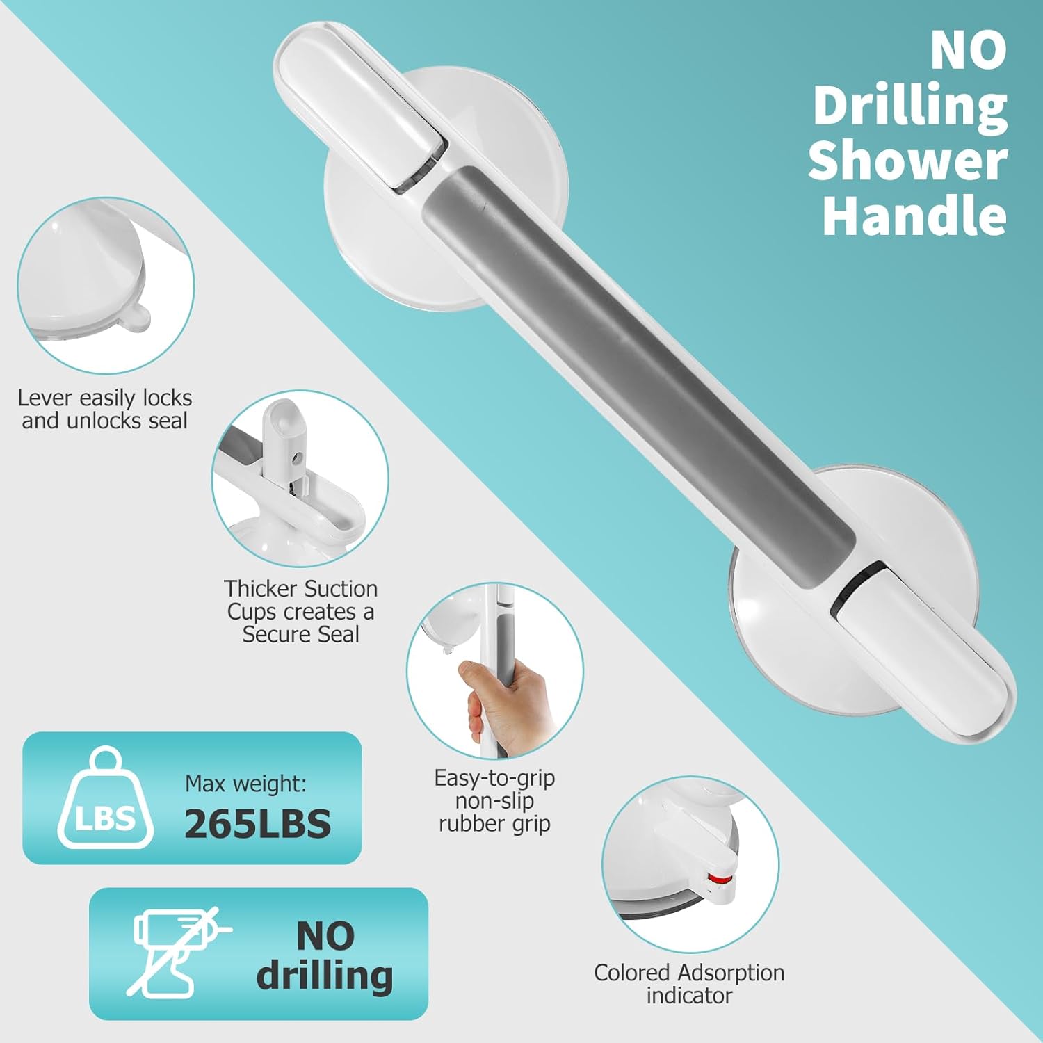 2 Pack Shower Handle, Heavy Duty Suction Cup Grab Bars Handle for Bathtubs and Showers, Bathroom Safety Bars Removable No Drilling Required for Seniors, Elderly, Handicap, 12 inch White