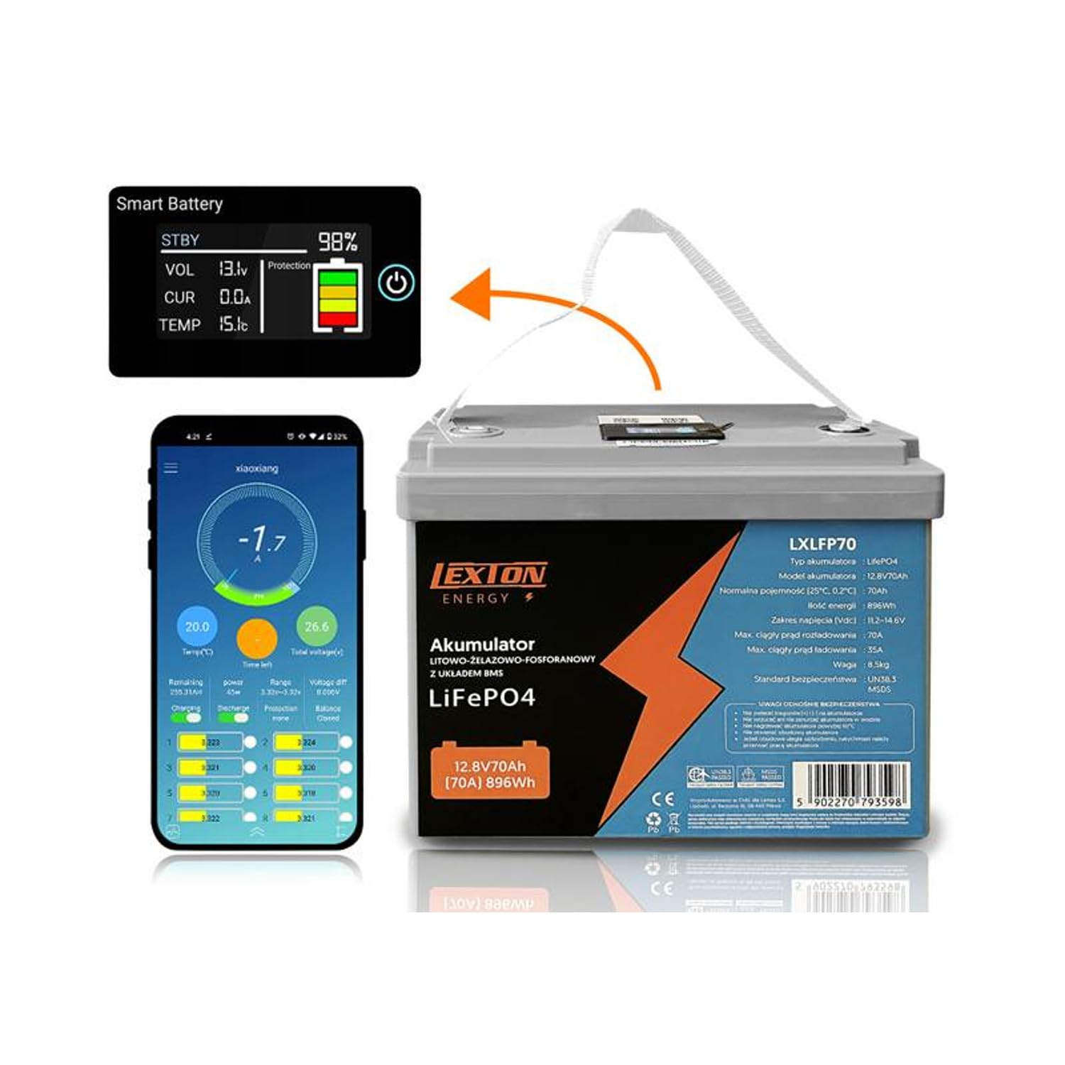 Akumulator LiFePO4 12.8V 70Ah Lexton LXLFP70 z BMS LCD Bluetooth litowo-żelazowo-fosforanowy do kamperów łodzi systemów OFF-GRID awaryjnych lekki trwały 896Wh 6000 cykli