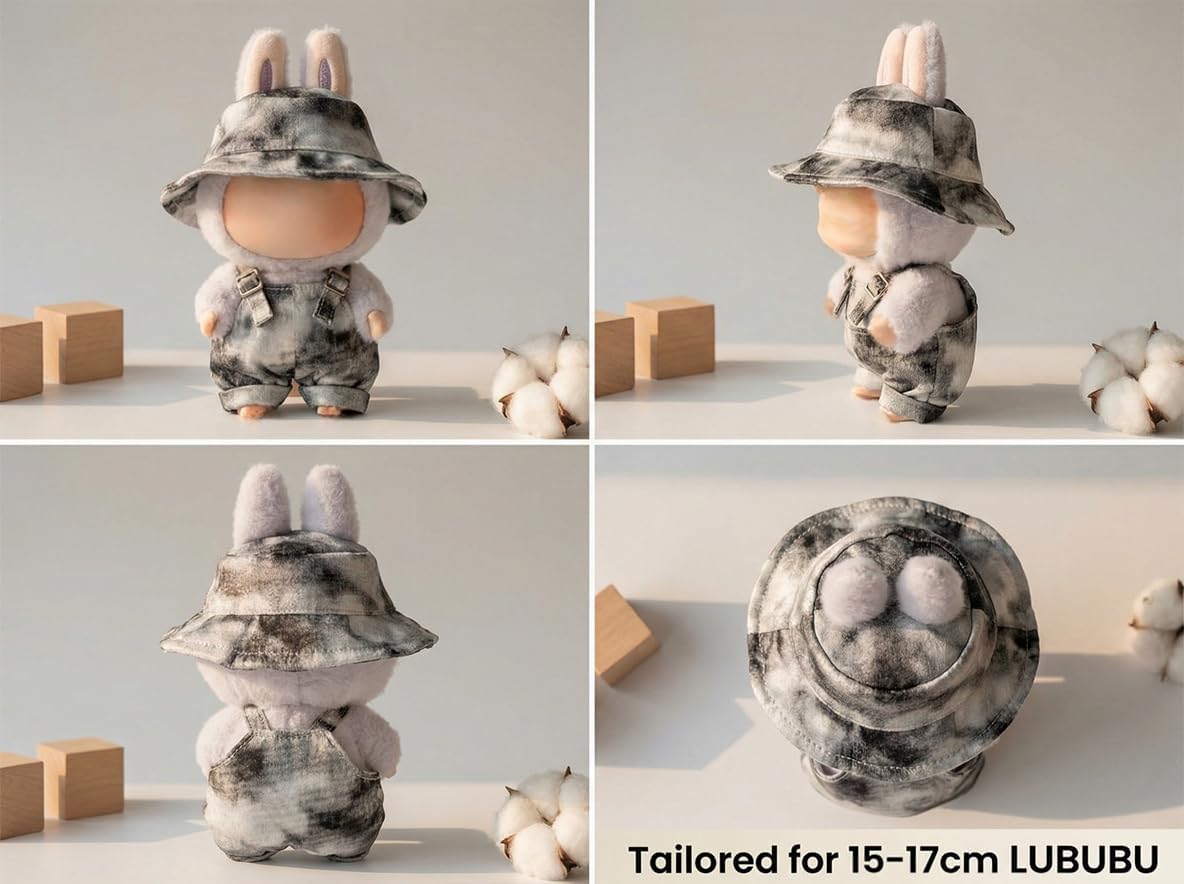 Lububu Doll Clothing Set , White Hat and Overalls, for 15cm-17cm Labubu Dolls, Hand-Crafted,, Birthday Gift (2 Pieces)