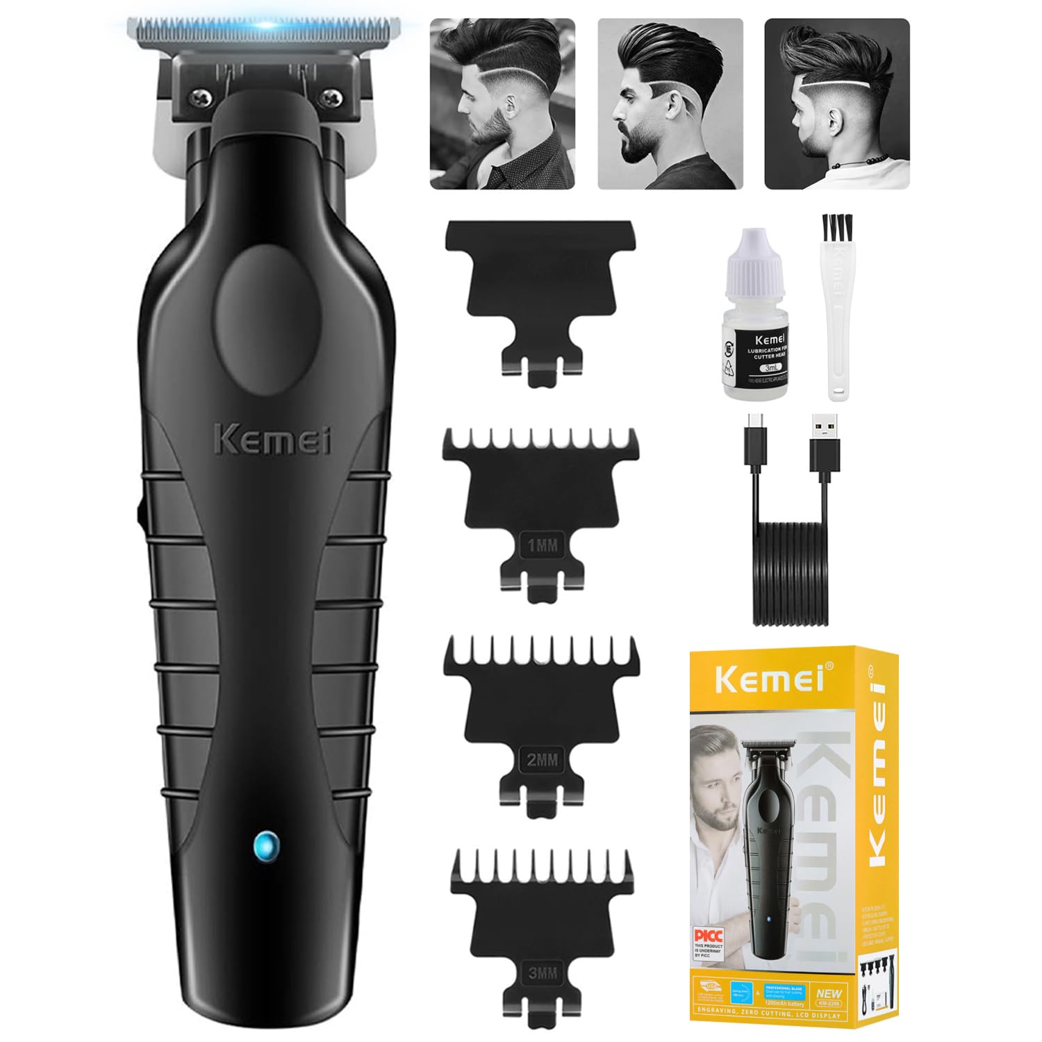 KEMEI 2299 Trimmer, Tagliacapelli Uomo Professionale, Macchinetta per Capelli Senza Fili, Regolabarba Regola Barba Elettrico Trimmer Capelli con 3 Pettini Guida