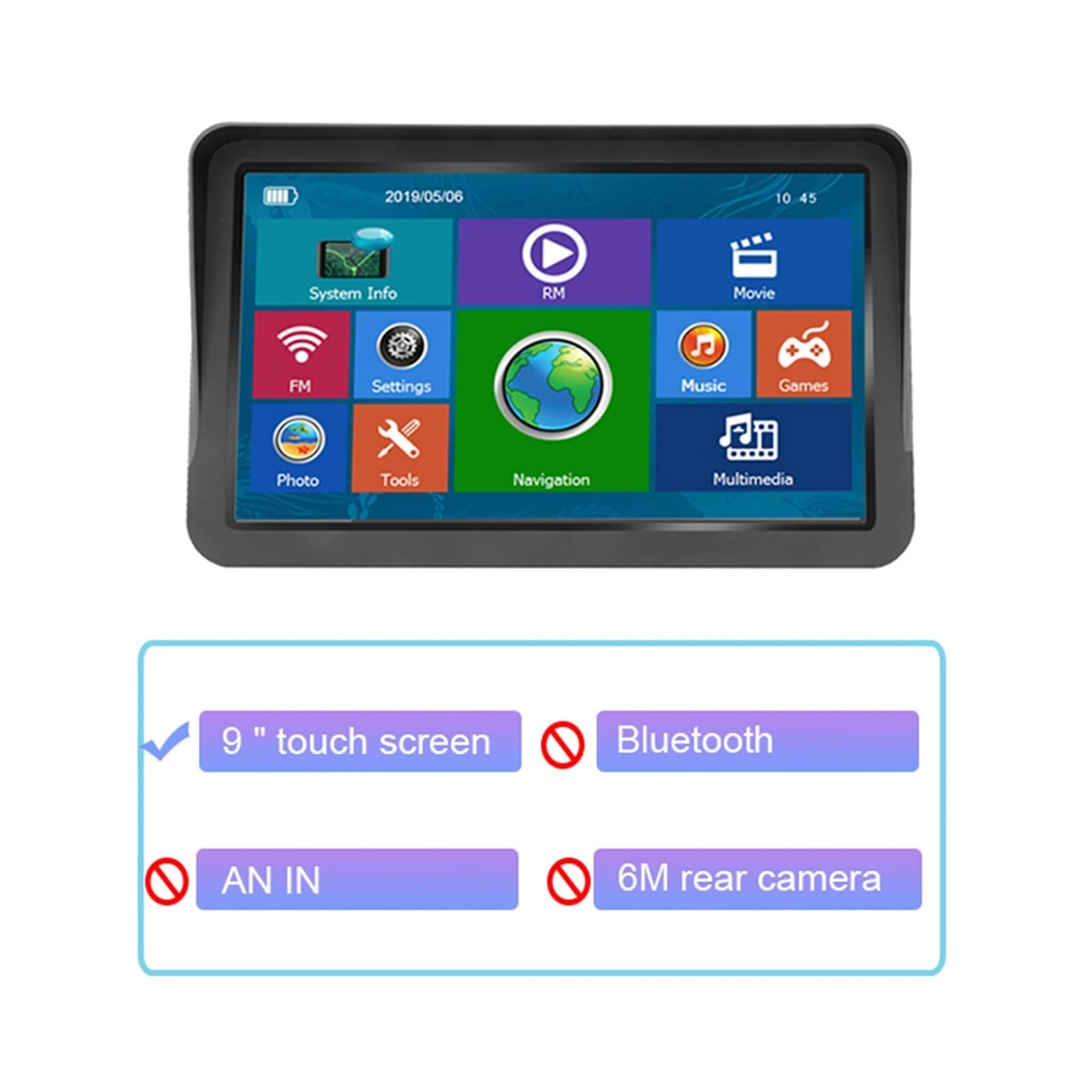 GPS pour Voiture, Écran Tactile de 9 Pouces GPS Navigation avec des Cartes gratuites 25 6m + 8 Go Navigateur Voiture Video Player Caméra arrière(Without Bluetooth)