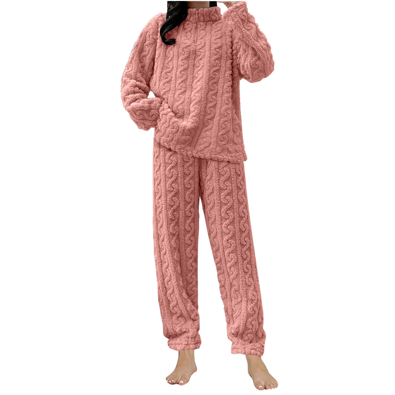 Women's Fluffy Pajamas Set Fleece 2 Piece Sherpa Quarter Zip Pullover Wide Leg Pants Sets Fuzzy Tesst Sleepwear Winter Warm Fur PJs Thickened Plushed Loungewear Nightwear