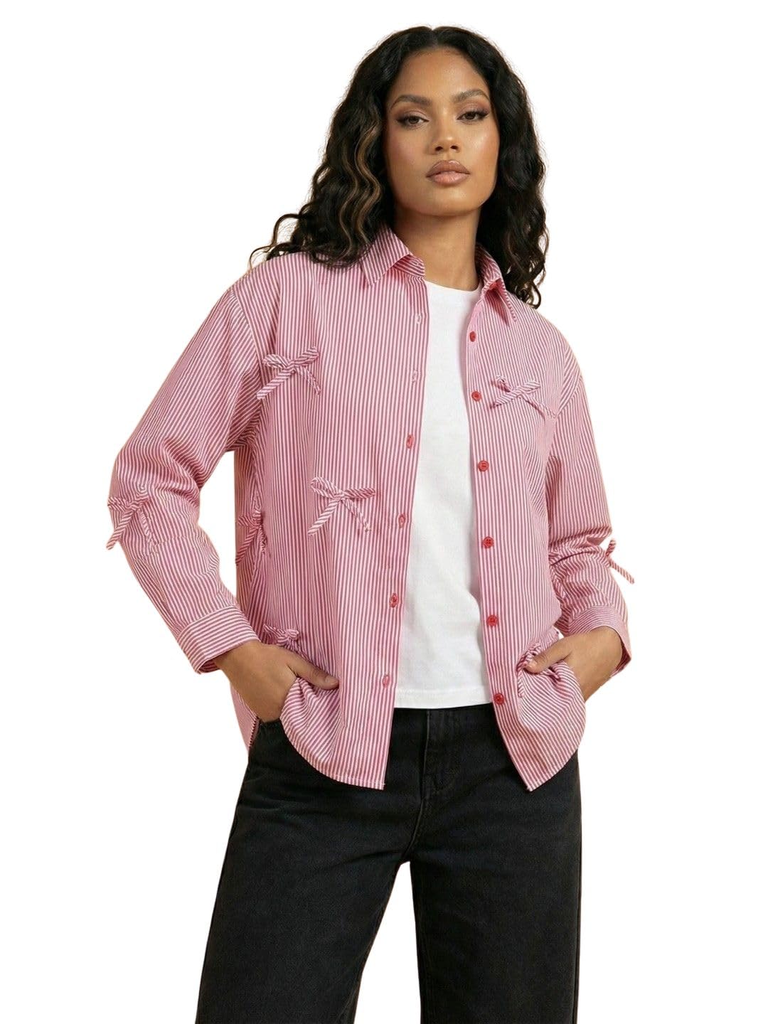 Women Cotton Oversized Shirt Striped Tie Detail Full Sleeve Casual Wear-picture-14
