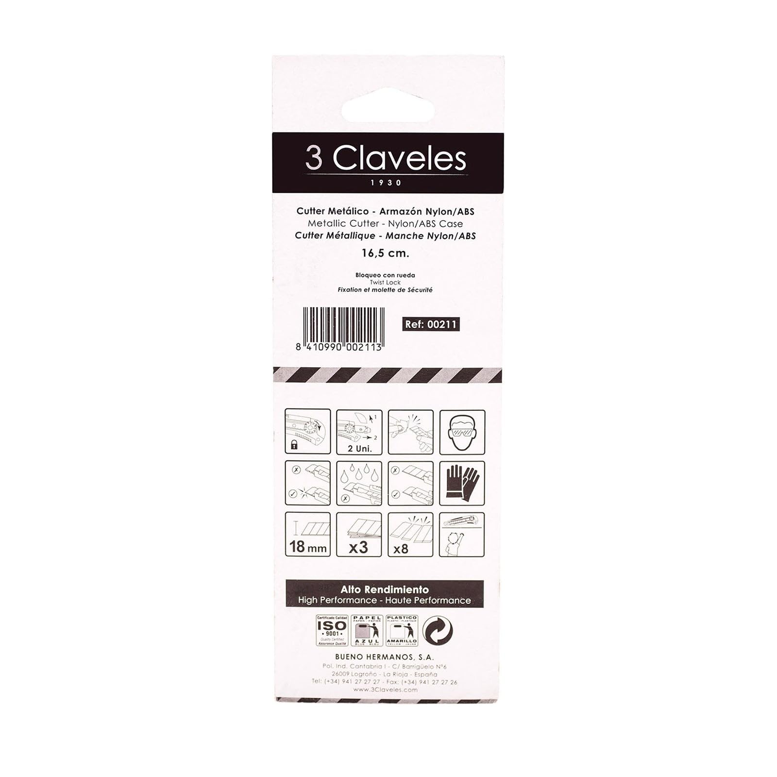 3Claveles 211 - Cúter metálico, con 3 hojas de 16.5 cm, con rueda, nylon