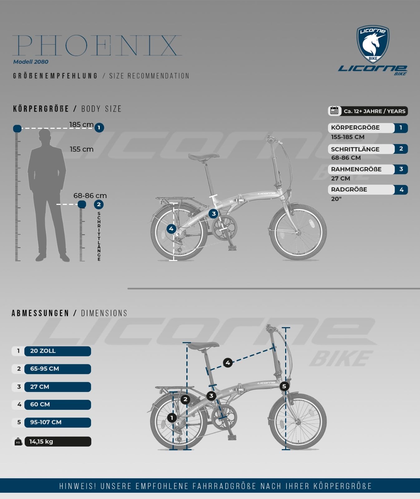 Licorne Bike Phoenix, bicicletta pieghevole in alluminio da 20 pollici, per uomo e donna, cambio a catena a 7 marce, telaio in alluminio, copertura StVZO, lampada anteriore