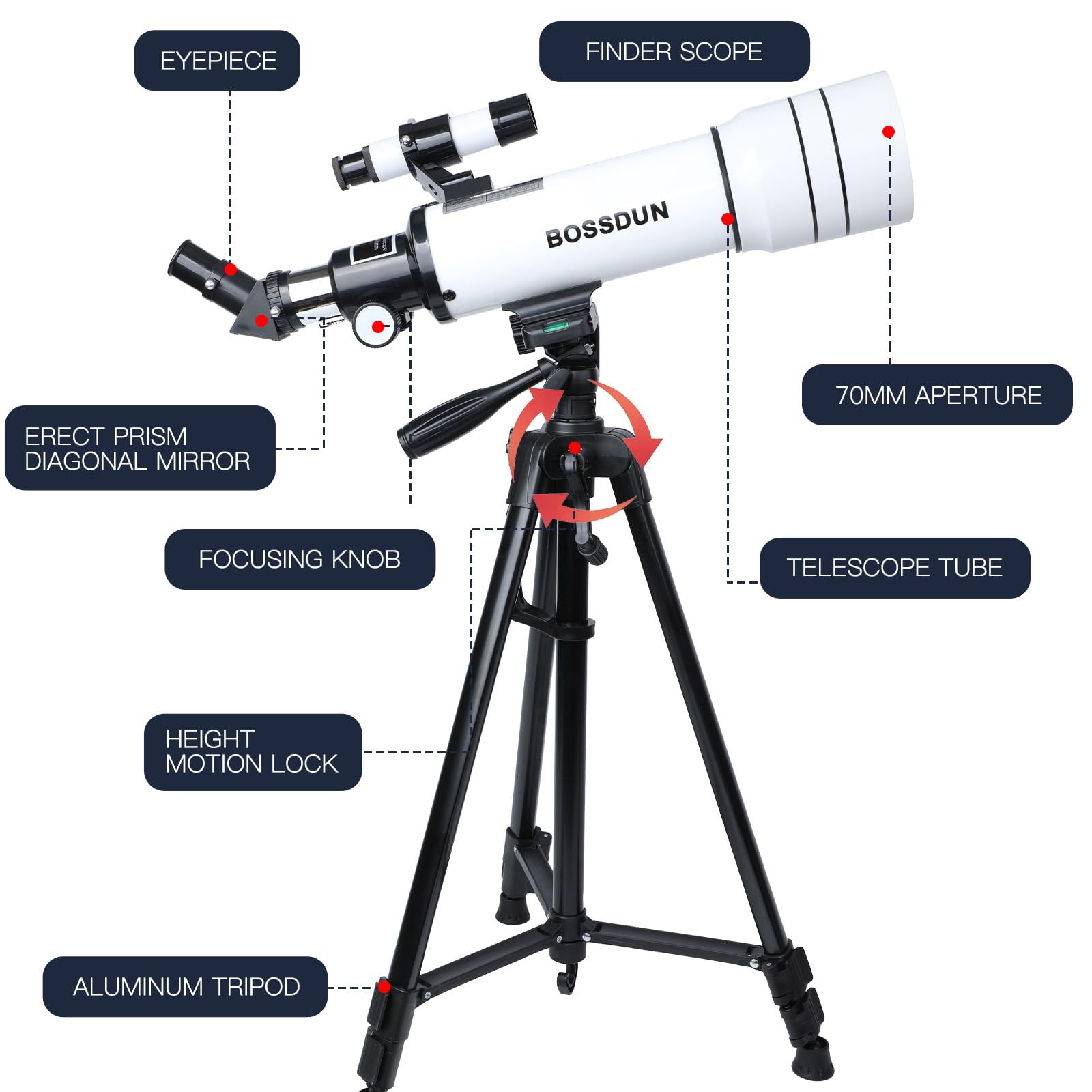 Télescope Astronomique 70 Mm Ouverture 400 Mm Pour Débutants - Avec Trépied, Adaptateur Téléphone Et Télécommande