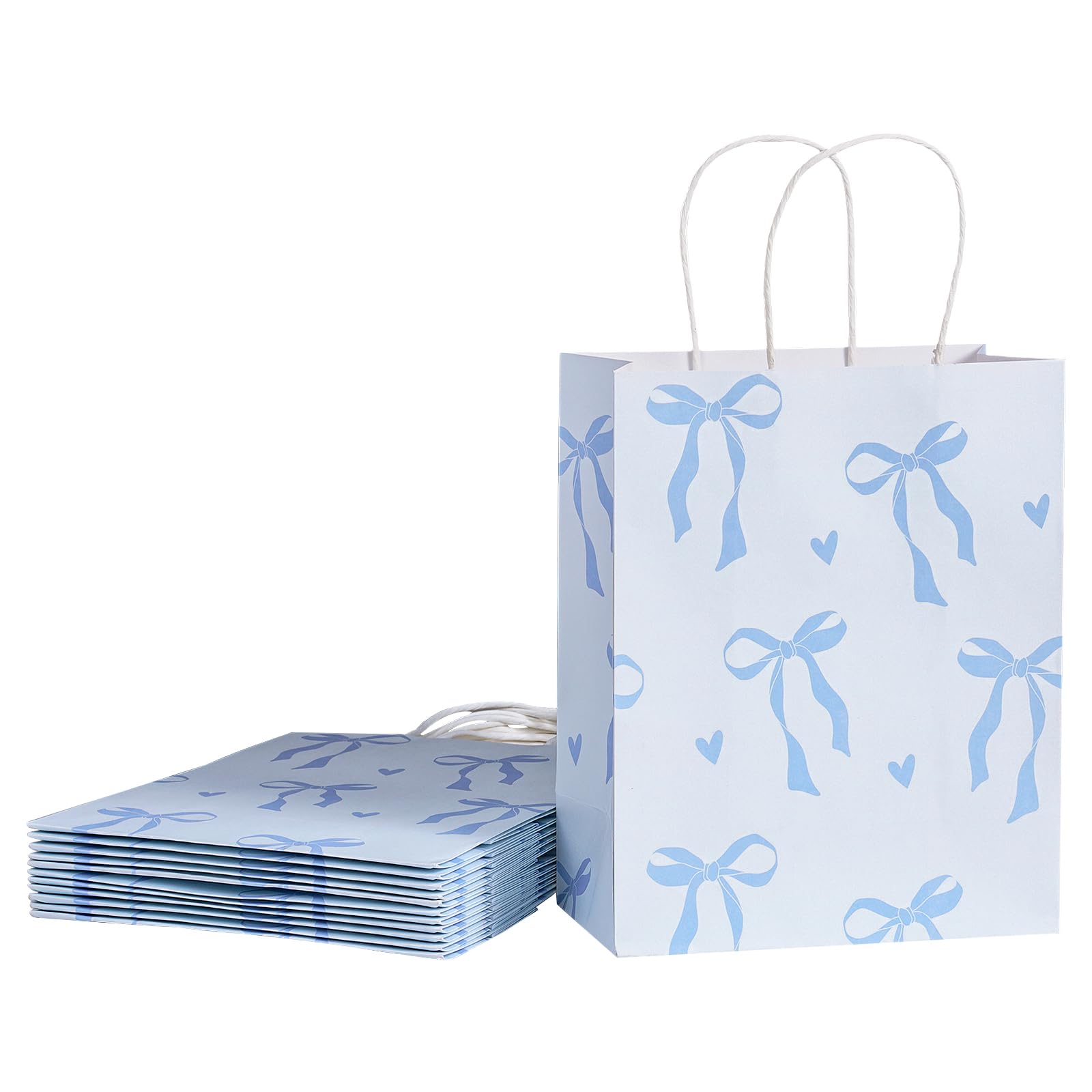 Loveinside Light Blue Bow Paper Gift Bags, Bow Ribbon and Heart Design with Handles Grocery Shopping Bags Candy Goodie Bags for Baby Shower, Birthday,