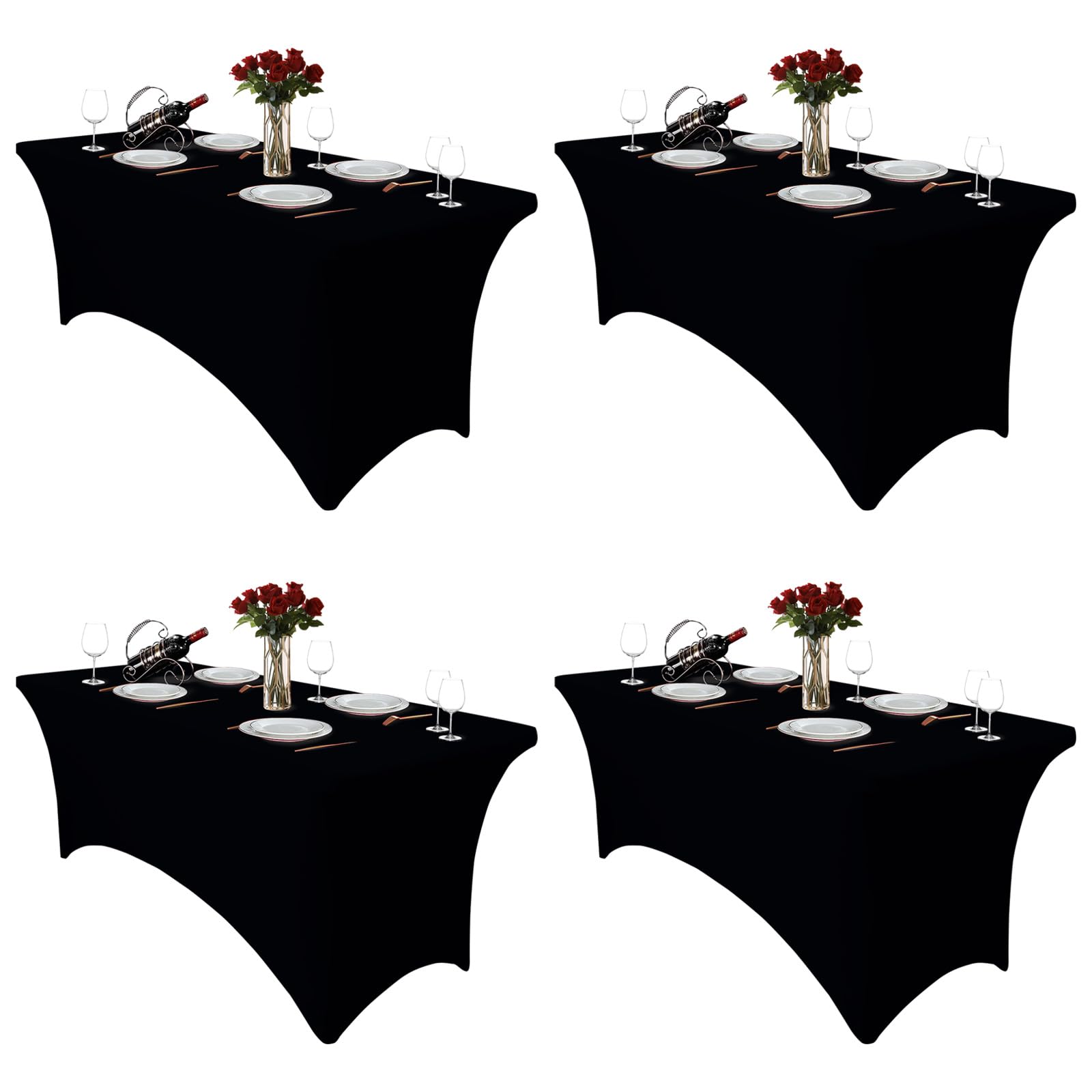 Paquete de 4 manteles rectangulares de elastano ajustables para mesa rectangular, de 6 pies, color negro para cumpleaños, cócteles, banquetes, fiestas al aire libre