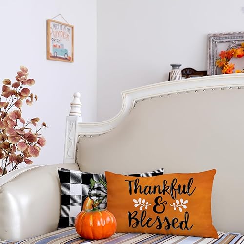 Miniatura 7 de GEEORY Juego de 4 fundas de almohada decorativas de otoño de 16 x 16 pulgadas, diseño de calabazas, diseño de búfalo bendecido con texto en inglés
