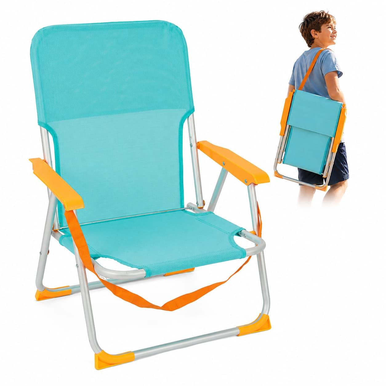 Silla de Camping para Niño Plegable - 24cm Altura Asiento - para Playa, Terraza, Jardin - Asa para Fácil Transporte y Reposabrazos - Ligera - Textileno y Aluminio - para Niños de 6 a 14 Años (Azul)