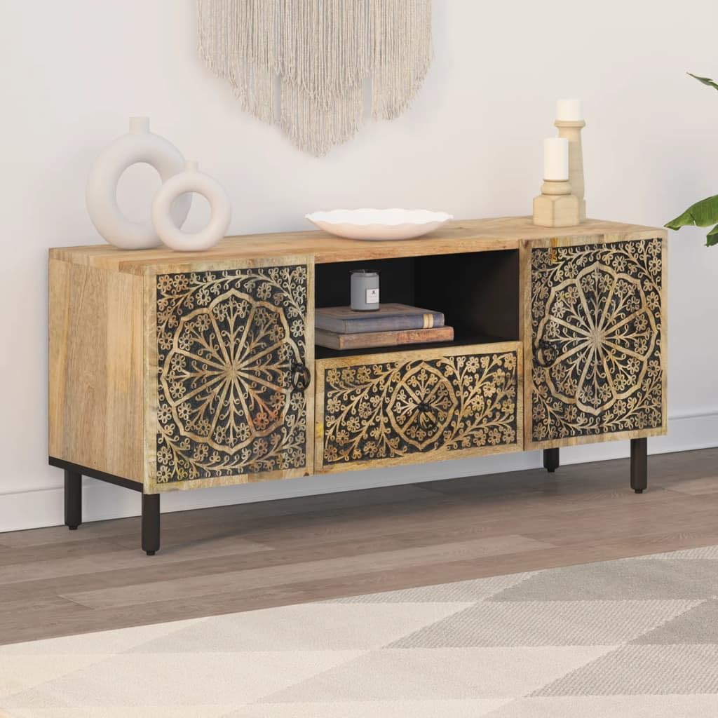 Szafka pod telewizor 105 x 33 x 46 cm z litego drewna mango, ręcznie rzeźbiony wzór, wytrzymały stół konsolowy z żelaznymi nogami, idealna do salonu, trwała, uniwersalna podstawka pod