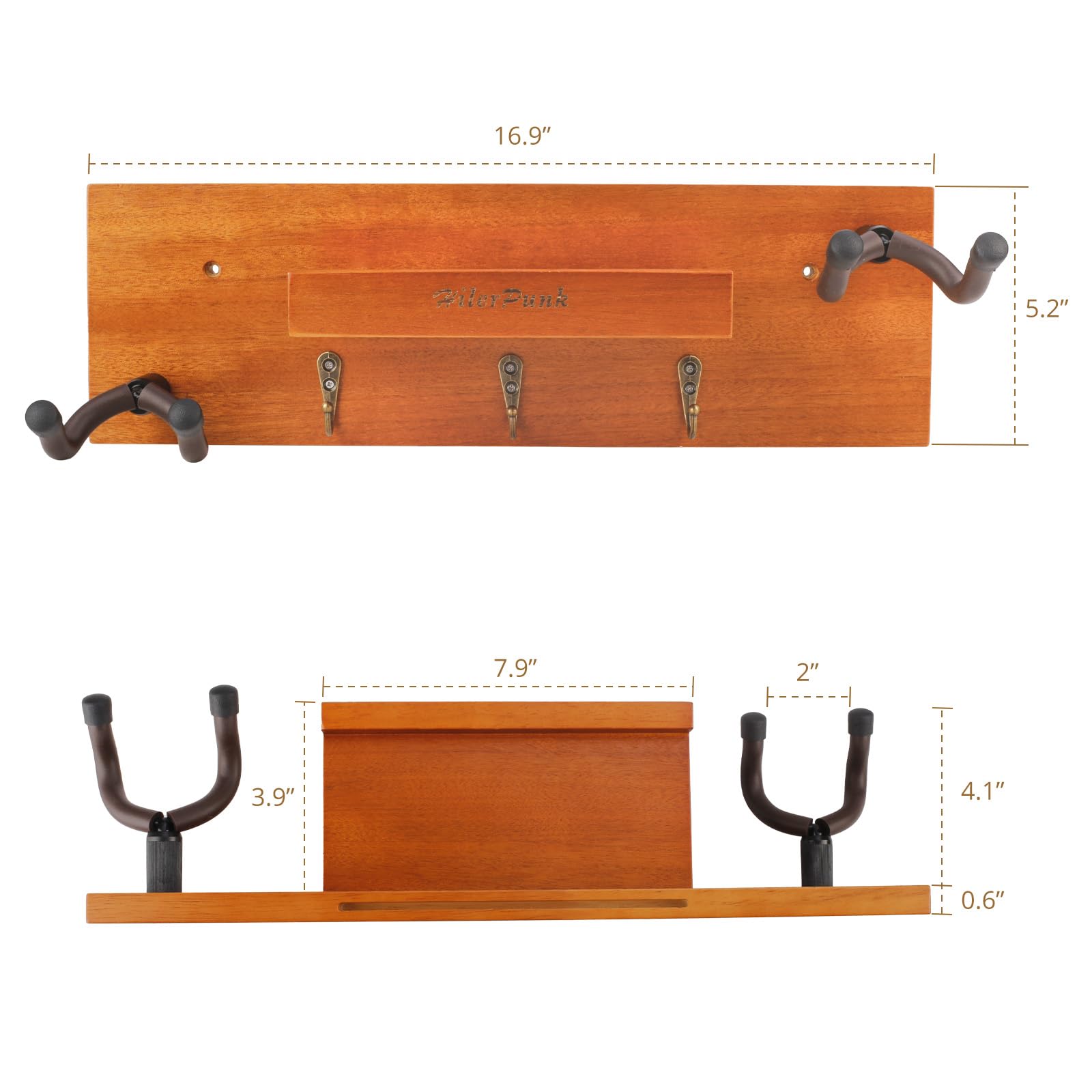 Supporto da parete per chitarra, gancio da parete per chitarra in legno massiccio con 3 ganci e 2 ganci girevoli in gomma per chitarra, espositore per chitarra con ripiano e porta plettri per chitarra