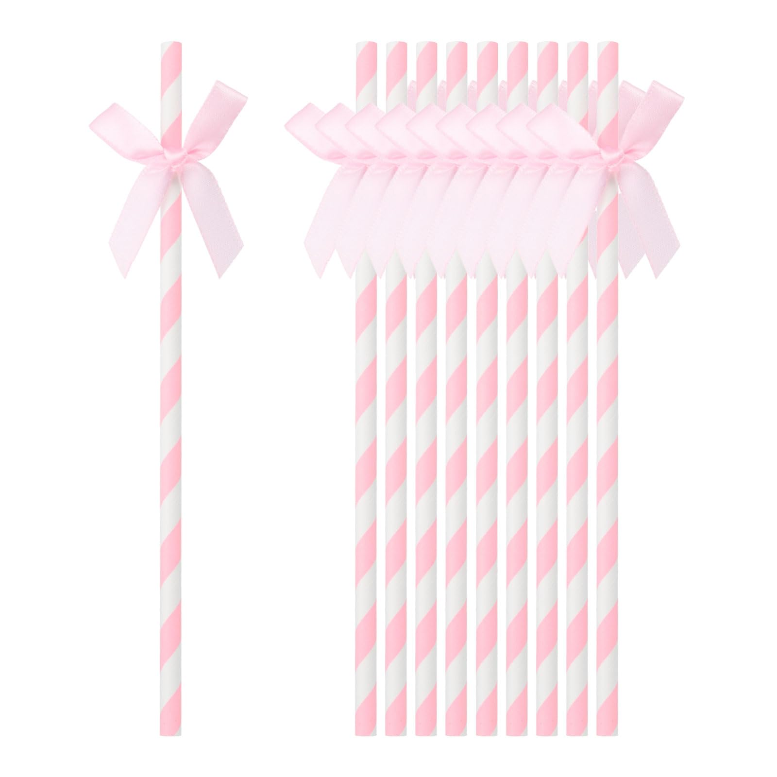 uxcell 80 pajitas de papel a rayas con lazo de cinta, pajitas desechables para decoración de tartas para bodas, suministros de fiesta de cumpleaños, color rosa