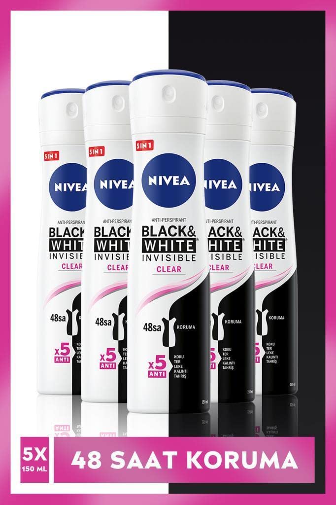 NIVEA Kadın Sprey Deodorant Black&White Invisible Clear 48 Saat Anti-perspirant Koruma 150ml x 5 Adet,Banyo Terliği Hediye!